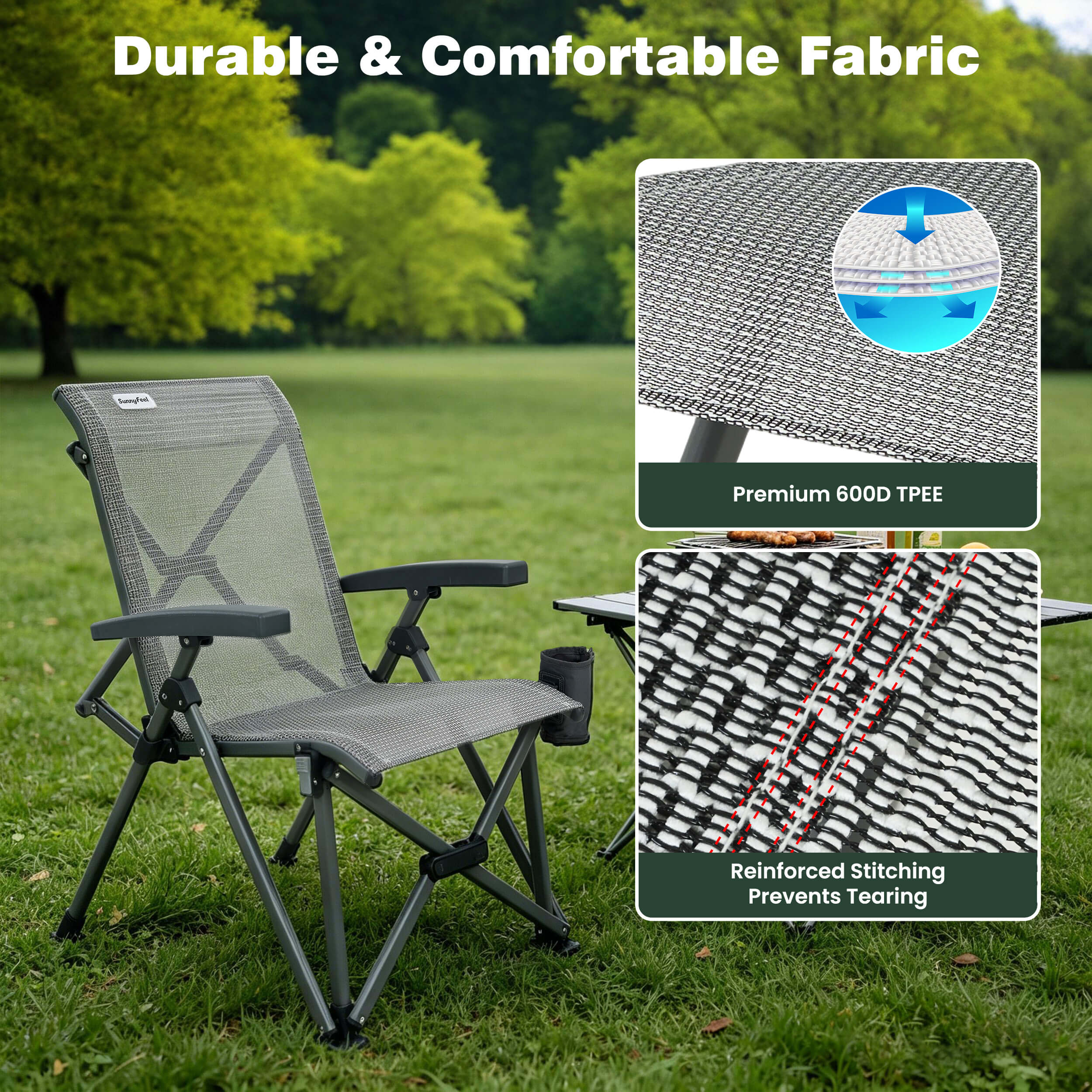 Foldable camping chair on grass with fabric durability details inset