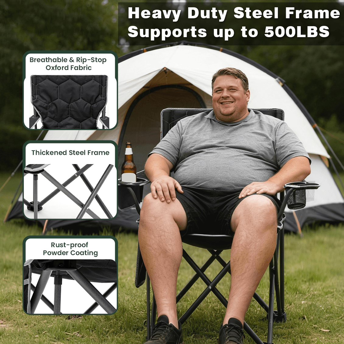 Person sitting on a heavy-duty camping chair with features highlighted, including steel frame and Oxford fabric.