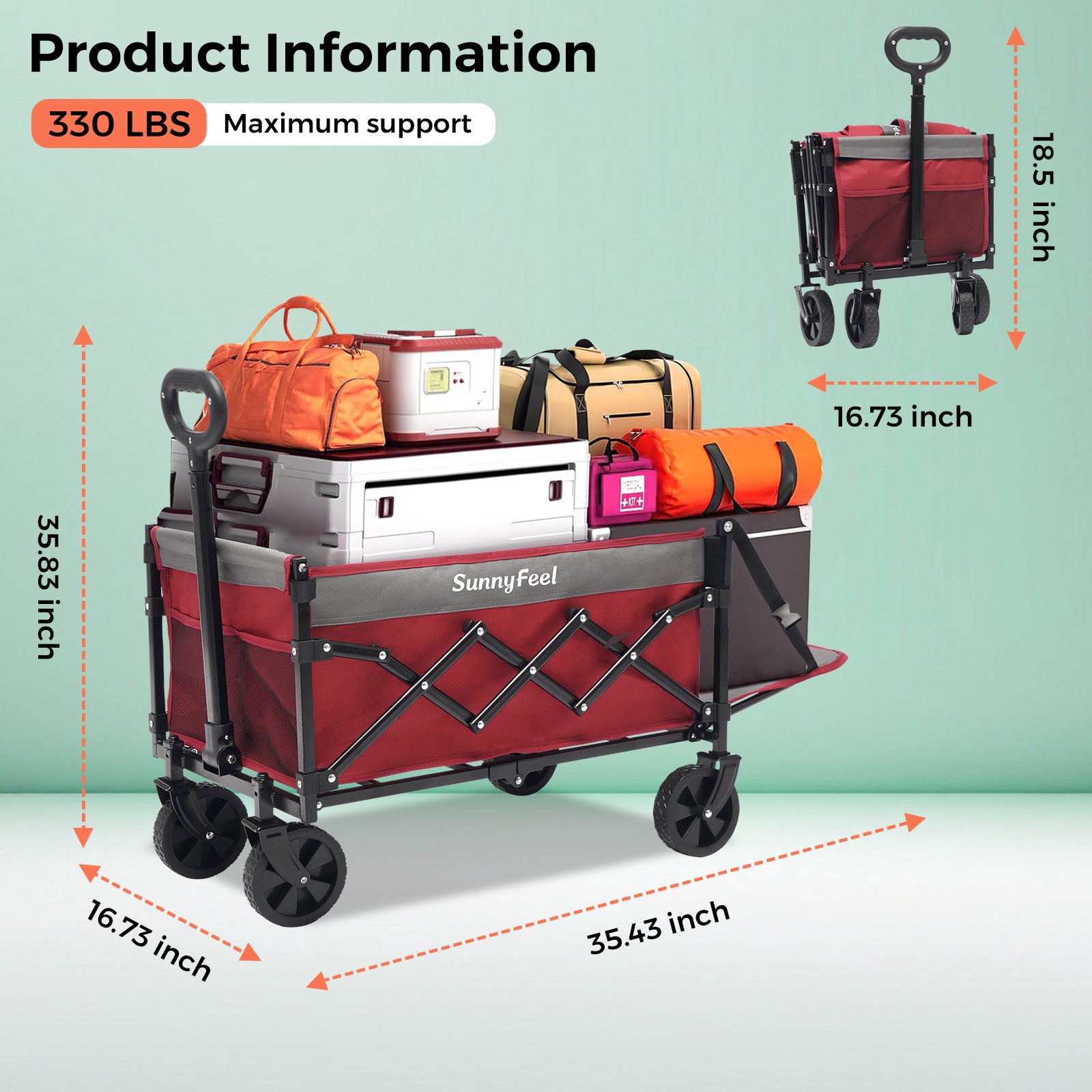 SUNNYFEEL Extra-Long 49” Foldable Utility Wagon – Heavy-Duty 550lb Collapsible Cart with Big Wheels