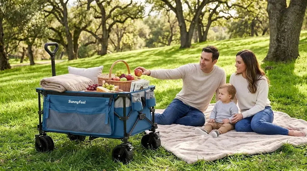 Family with a baby sitting on a blanket next to a SunnyFold wagon in a park.