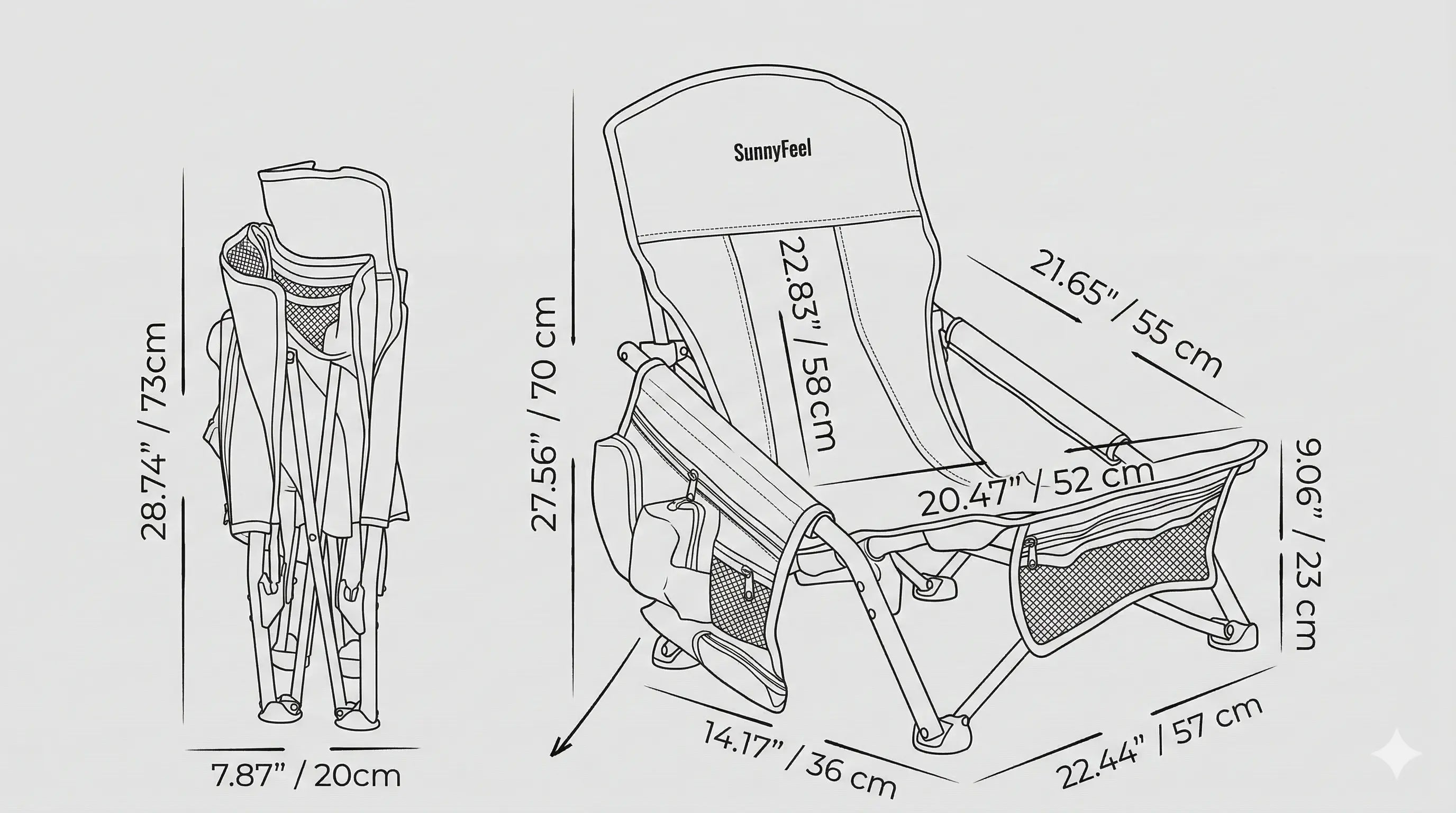Measurement chart of a folding chair with dimensions labeled