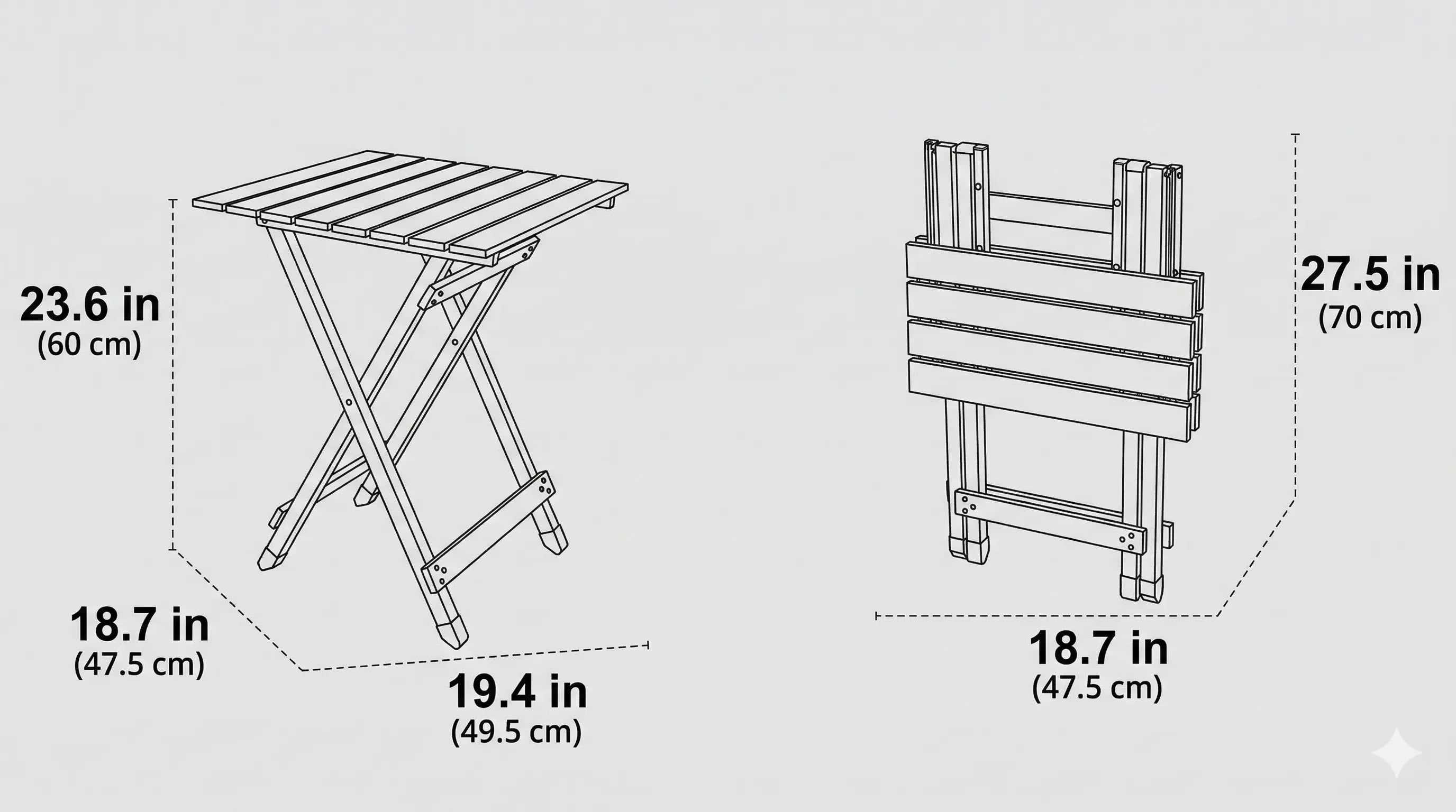 Dimensions of a folding table with measurements labeled