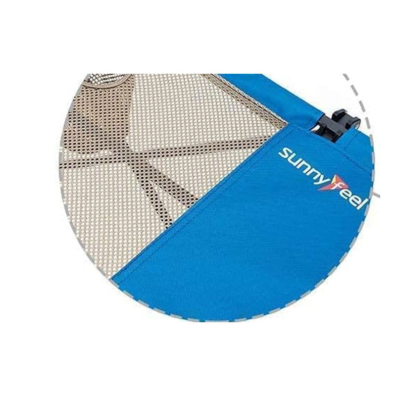 Blue fishing net with metal mesh and 'sunnyfeel' branding on a white background