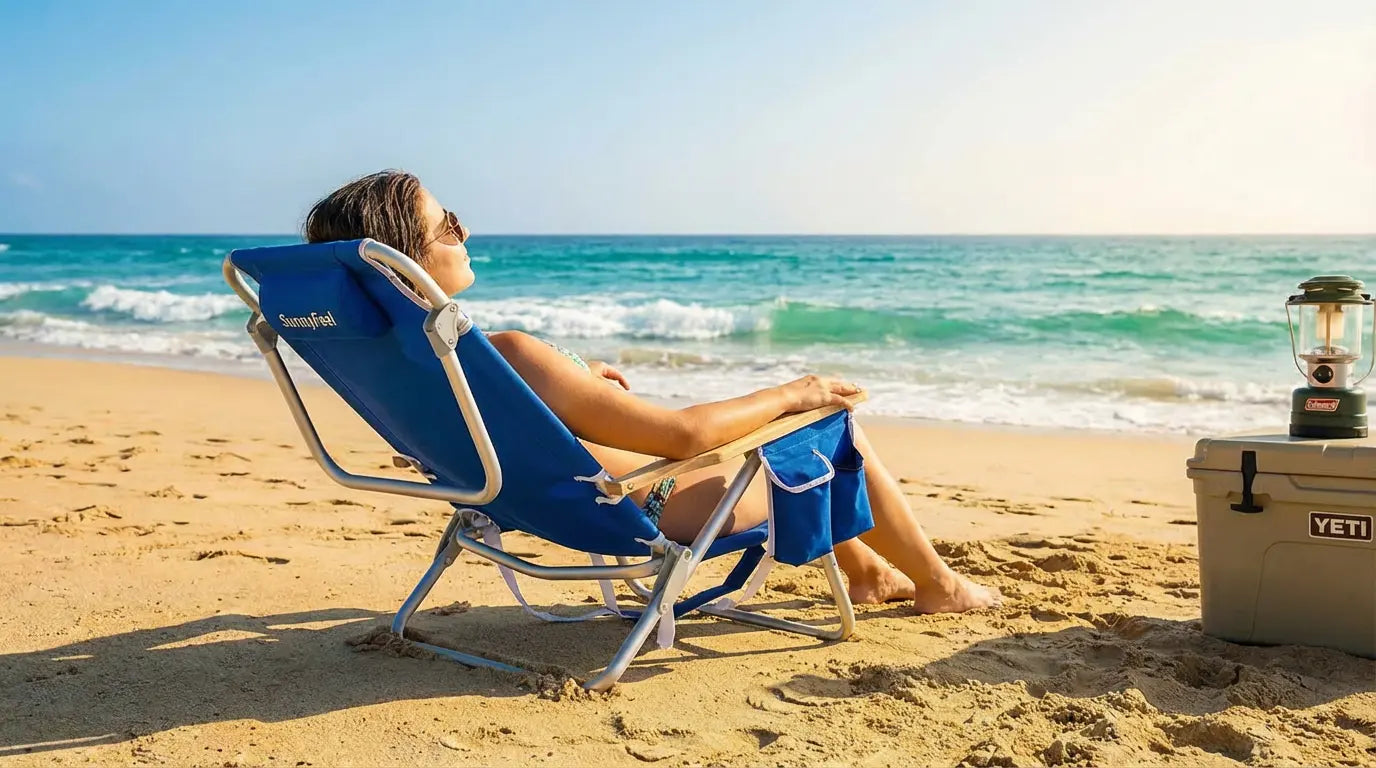 Person relaxing on a blue beach chair with a cooler and lantern at the beach.