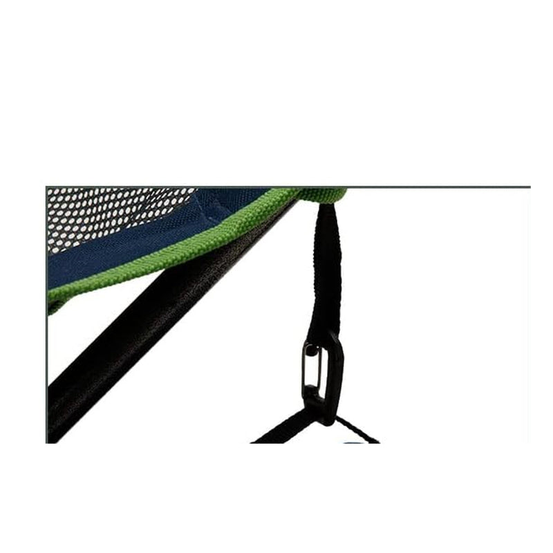 Close-up of a green and blue hammock with a black stand on a white background