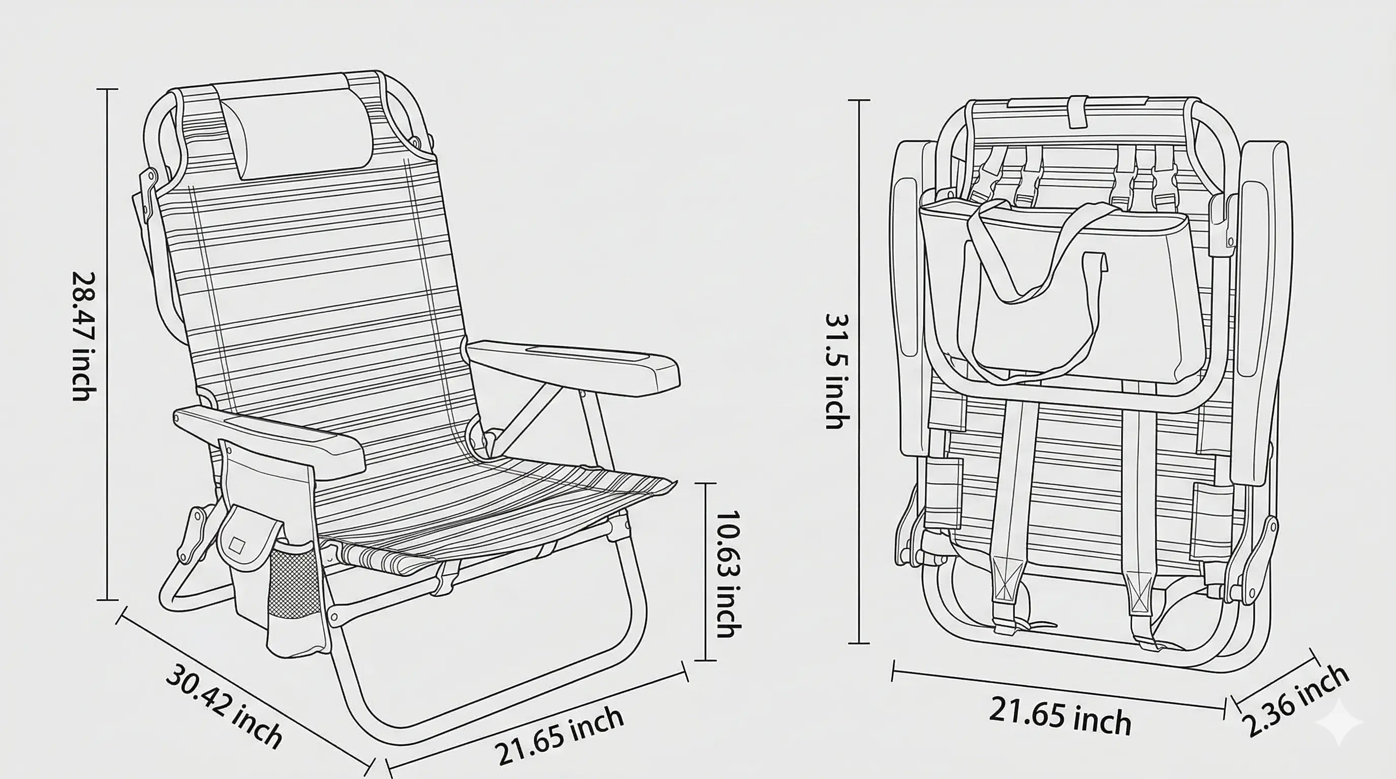 Detailed dimensions of a camping chair on a gray background