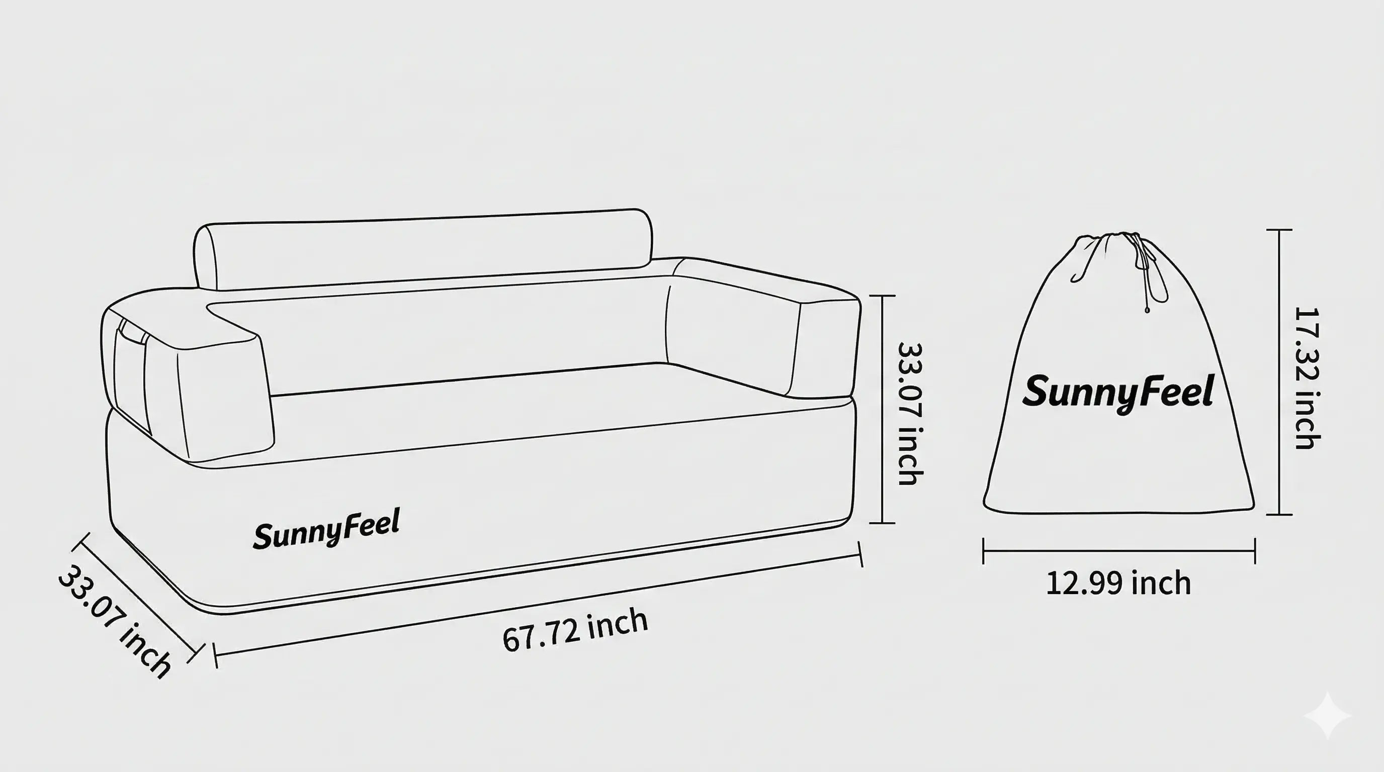 Schematic diagram of a sofa and matching drawstring bag with 'SunnyFeel' branding, showing dimensions.