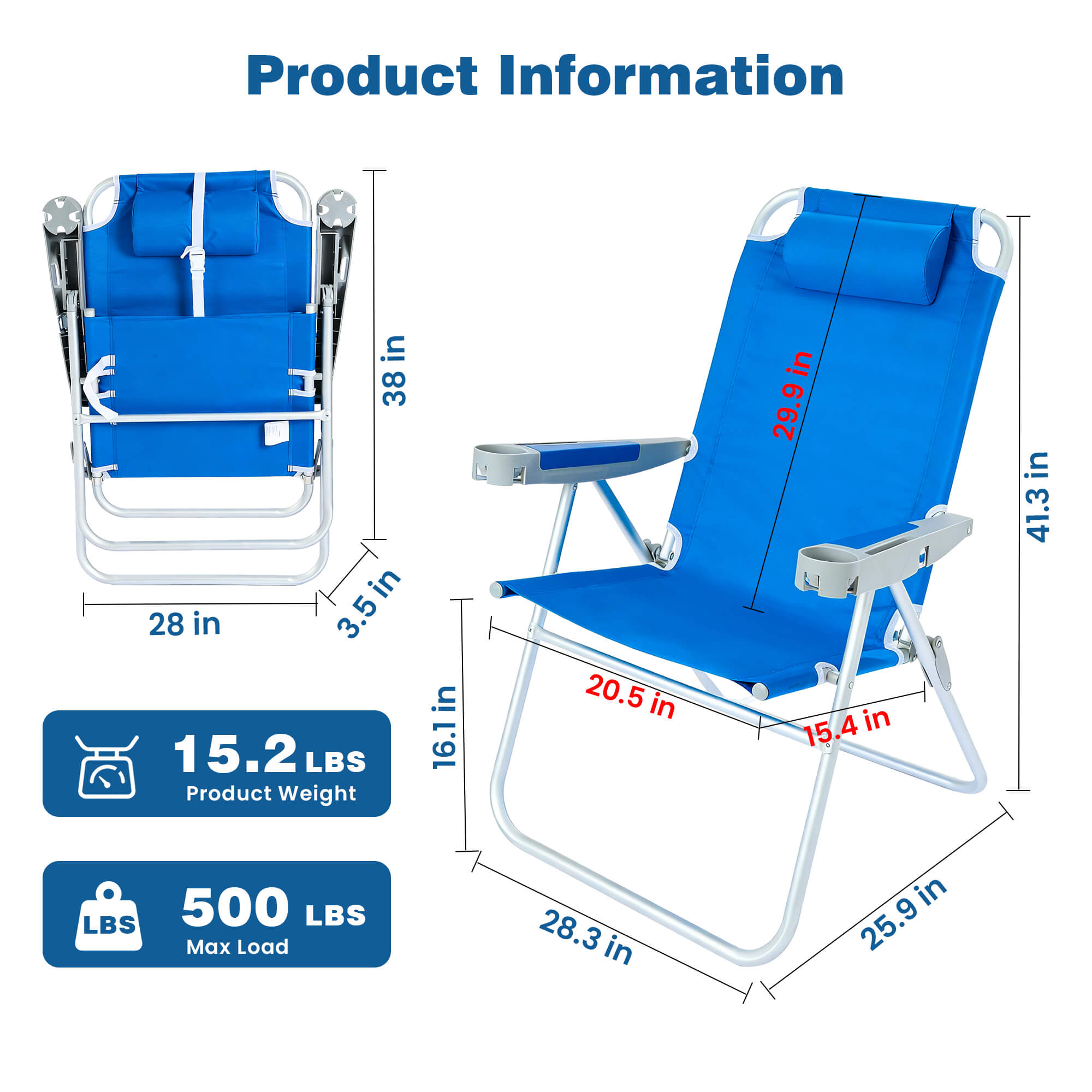 Blue folding chair with dimensions and product information on a white background