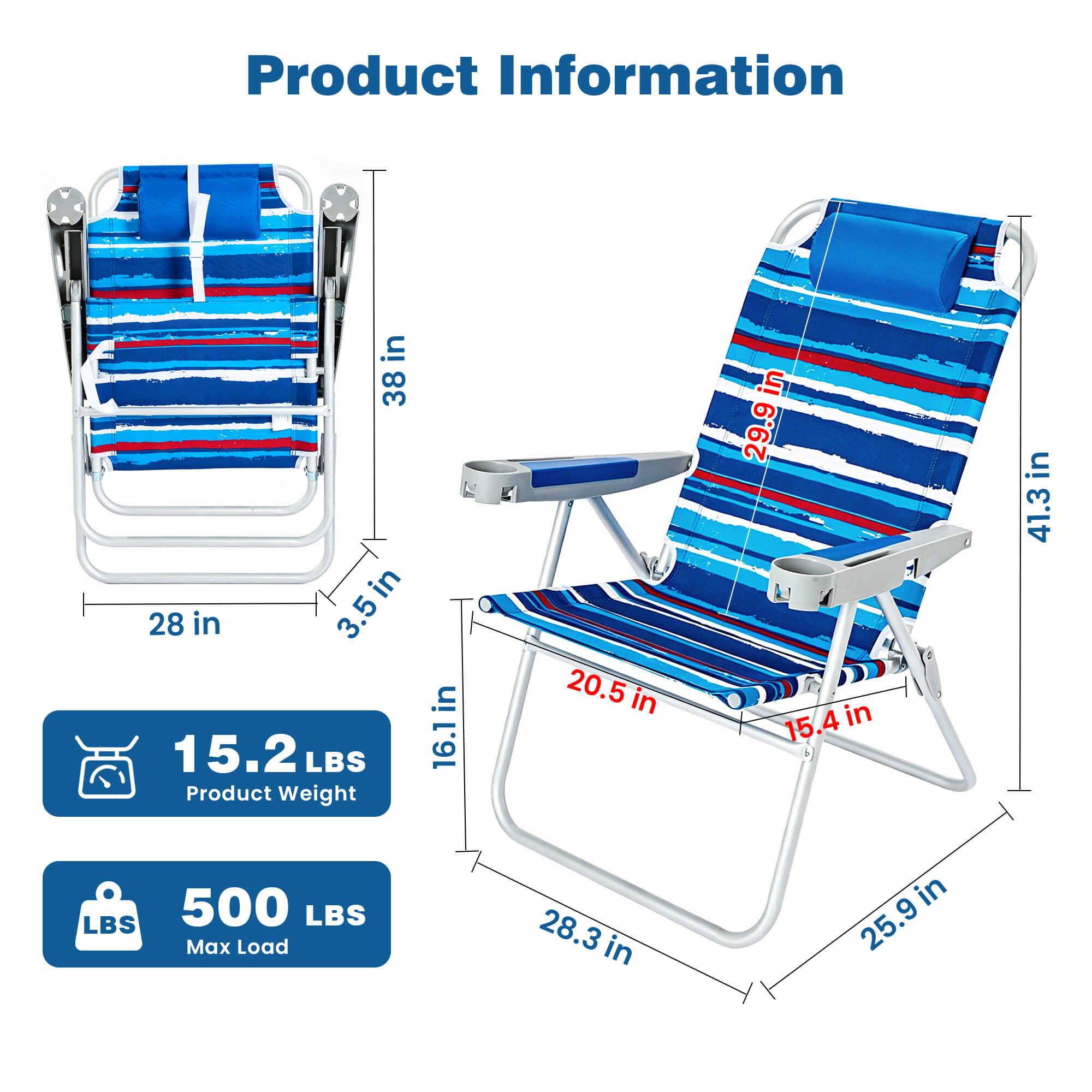 Blue and red striped folding chair with dimensions and product information on a white background