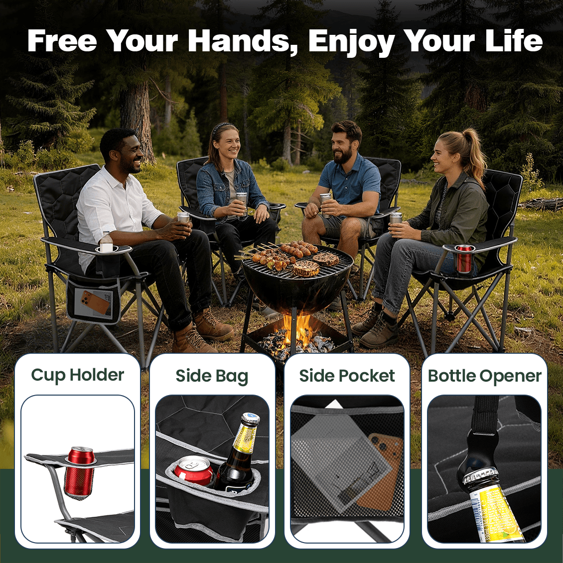 People sitting around a campfire with camping chairs, featuring cup holders, side bags, side pockets, and bottle openers.