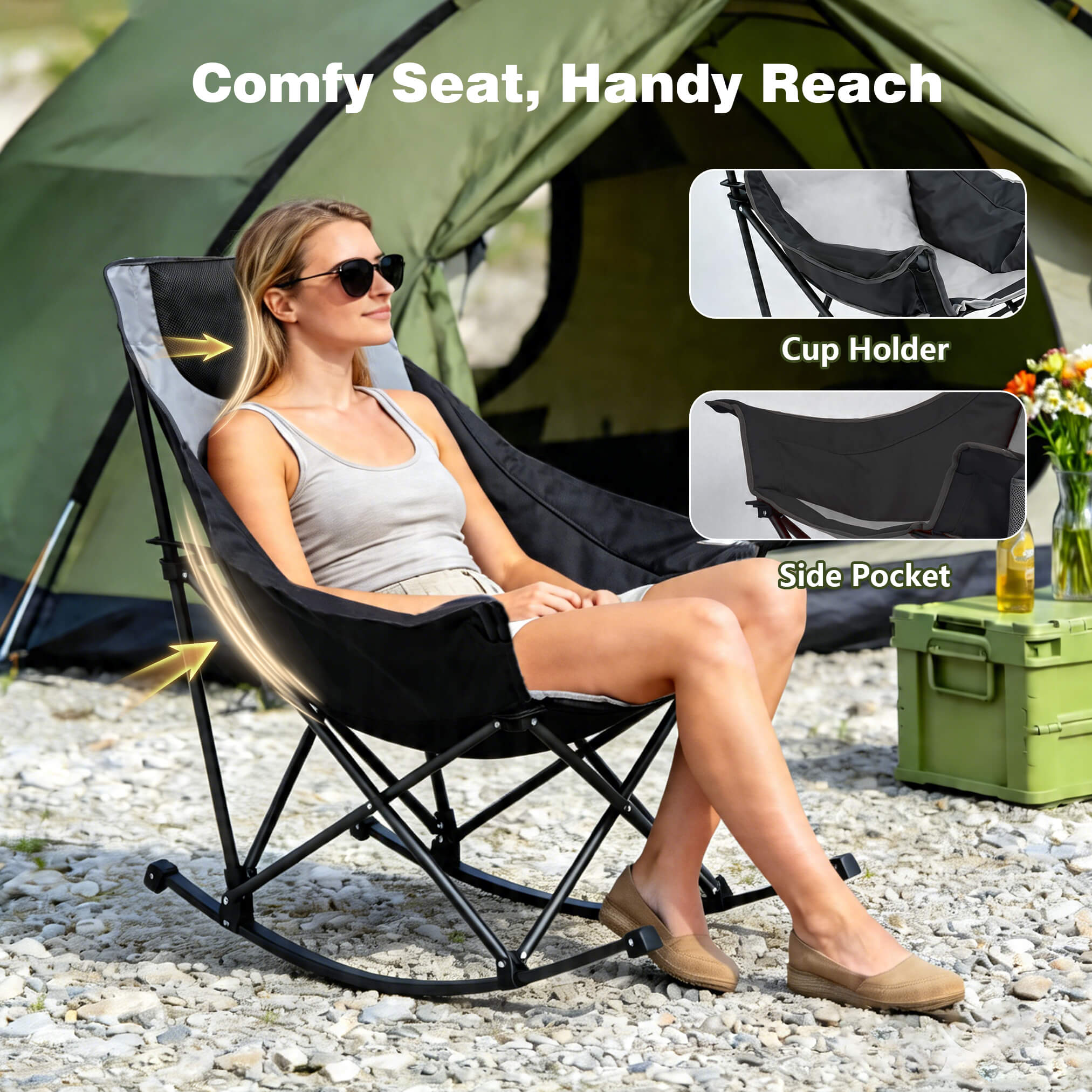 Woman sitting in a camping chair with features highlighted, including a cup holder and side pocket, in front of a tent.