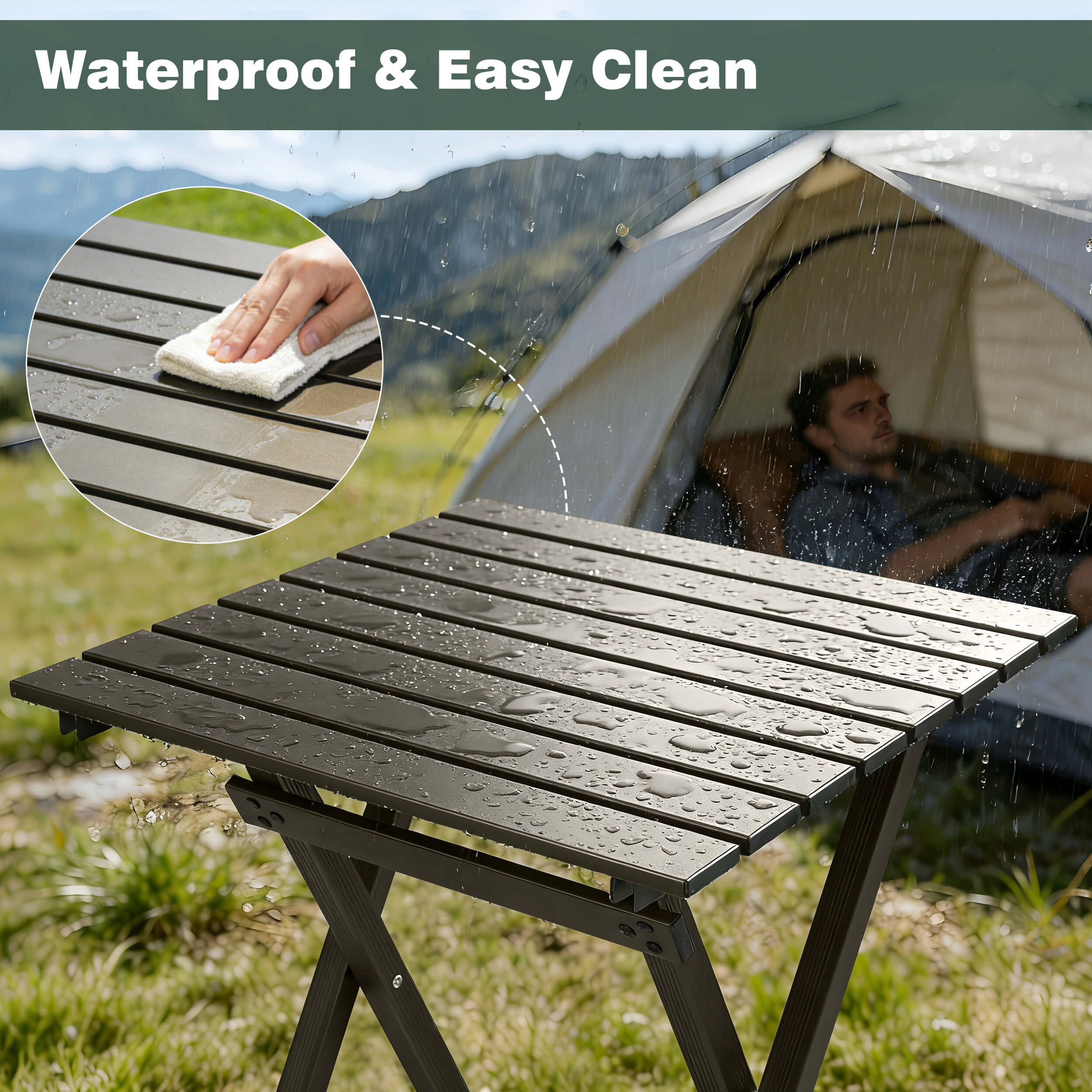Camping table with waterproof surface and person sitting inside a tent in the background