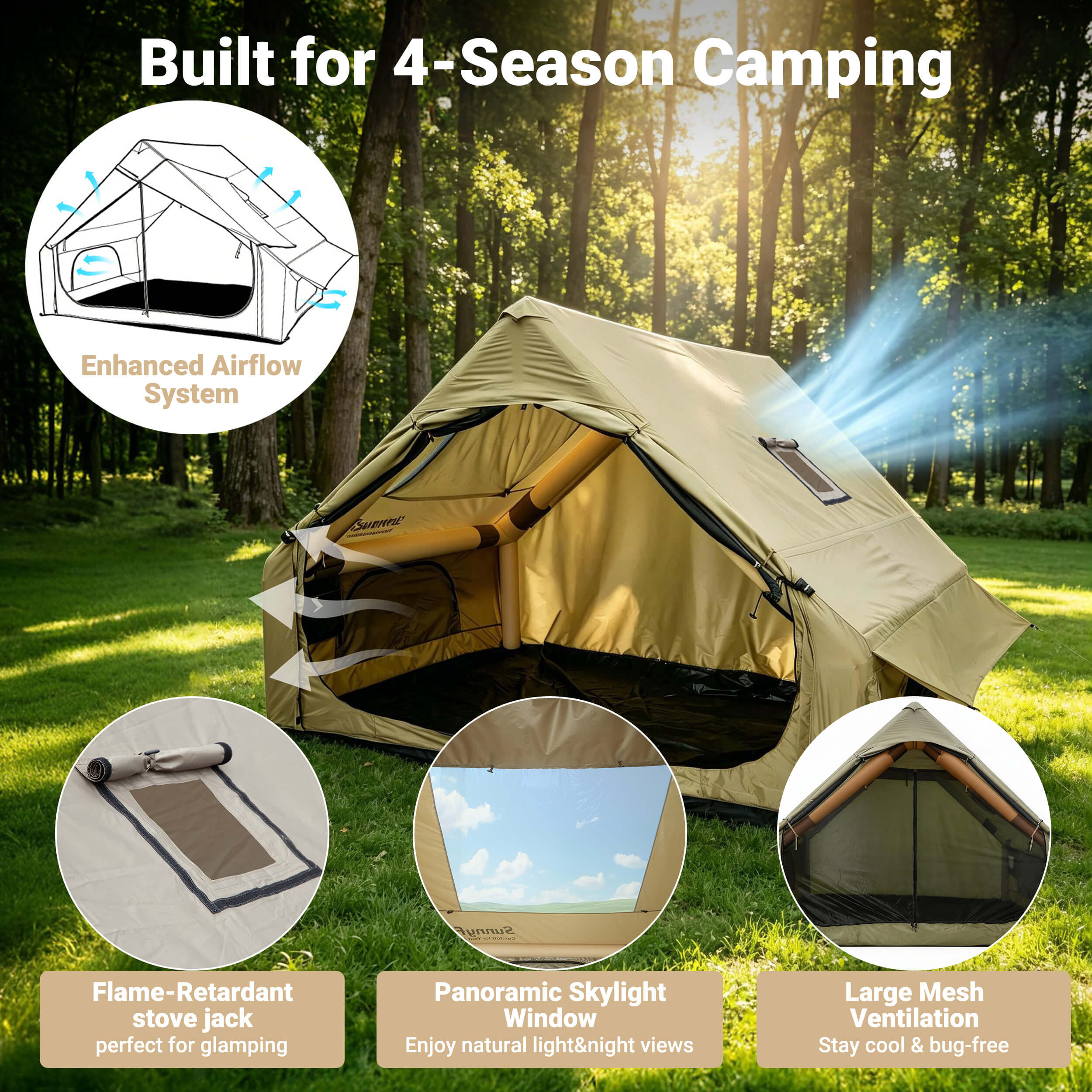 Beige camping tent with features highlighted in a forest setting