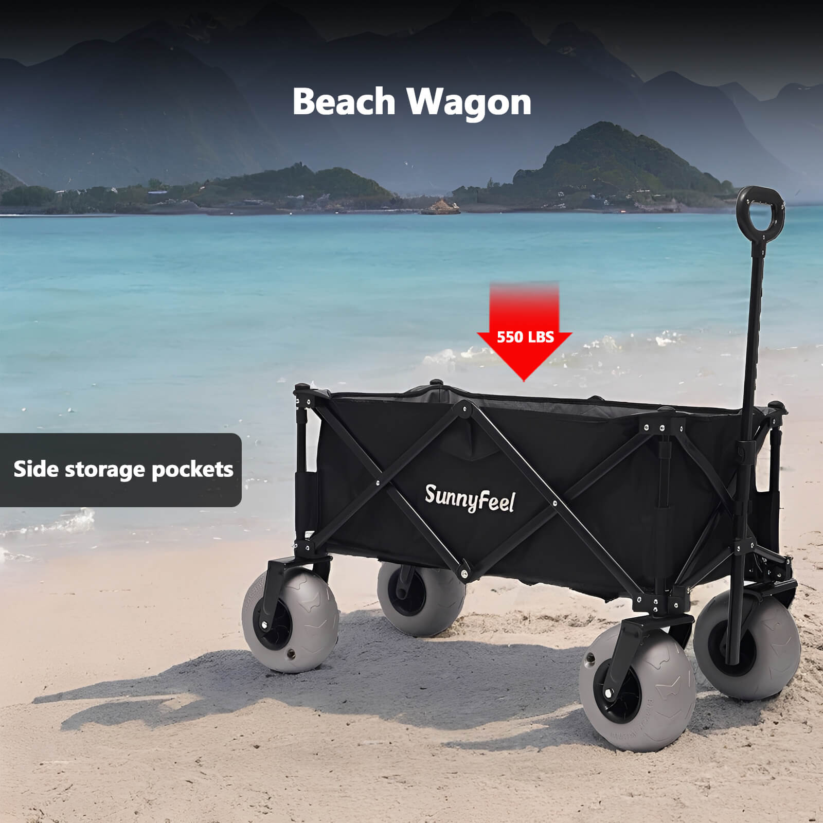 Black beach wagon with side storage pockets on a sandy beach with ocean and mountains in the background.