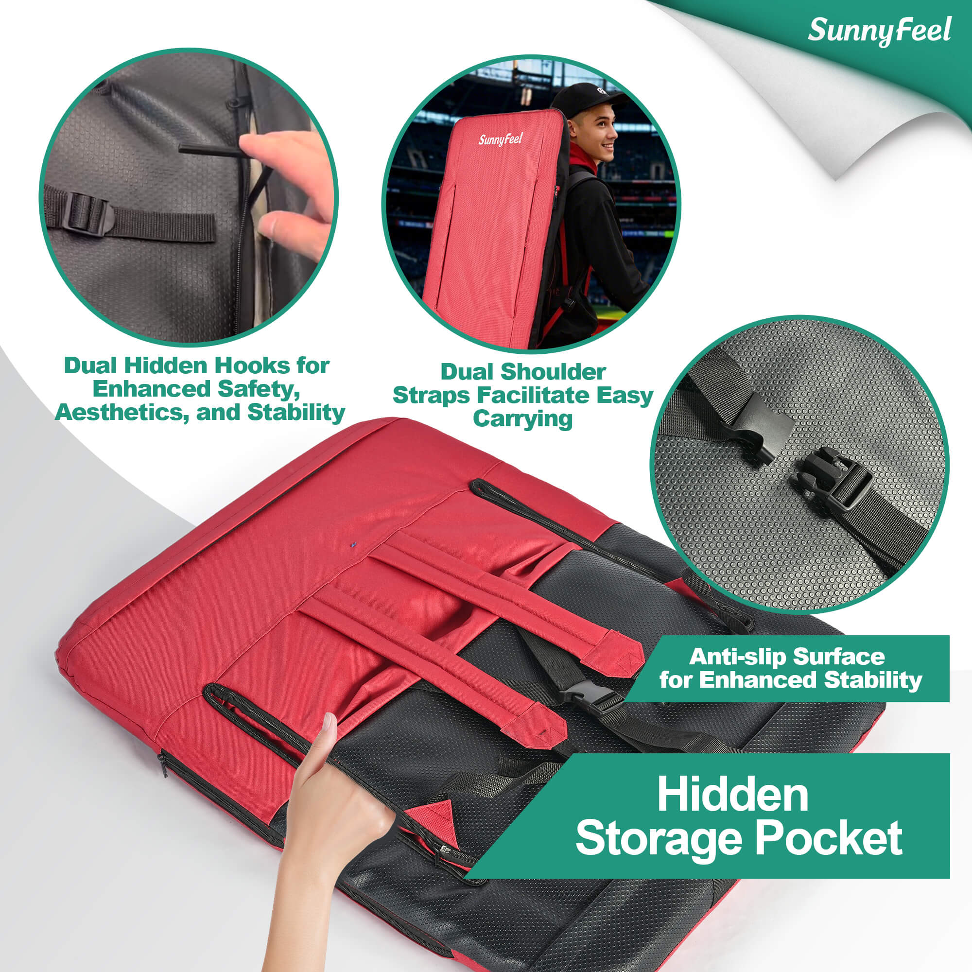Red and black backpack with features highlighted on a white background