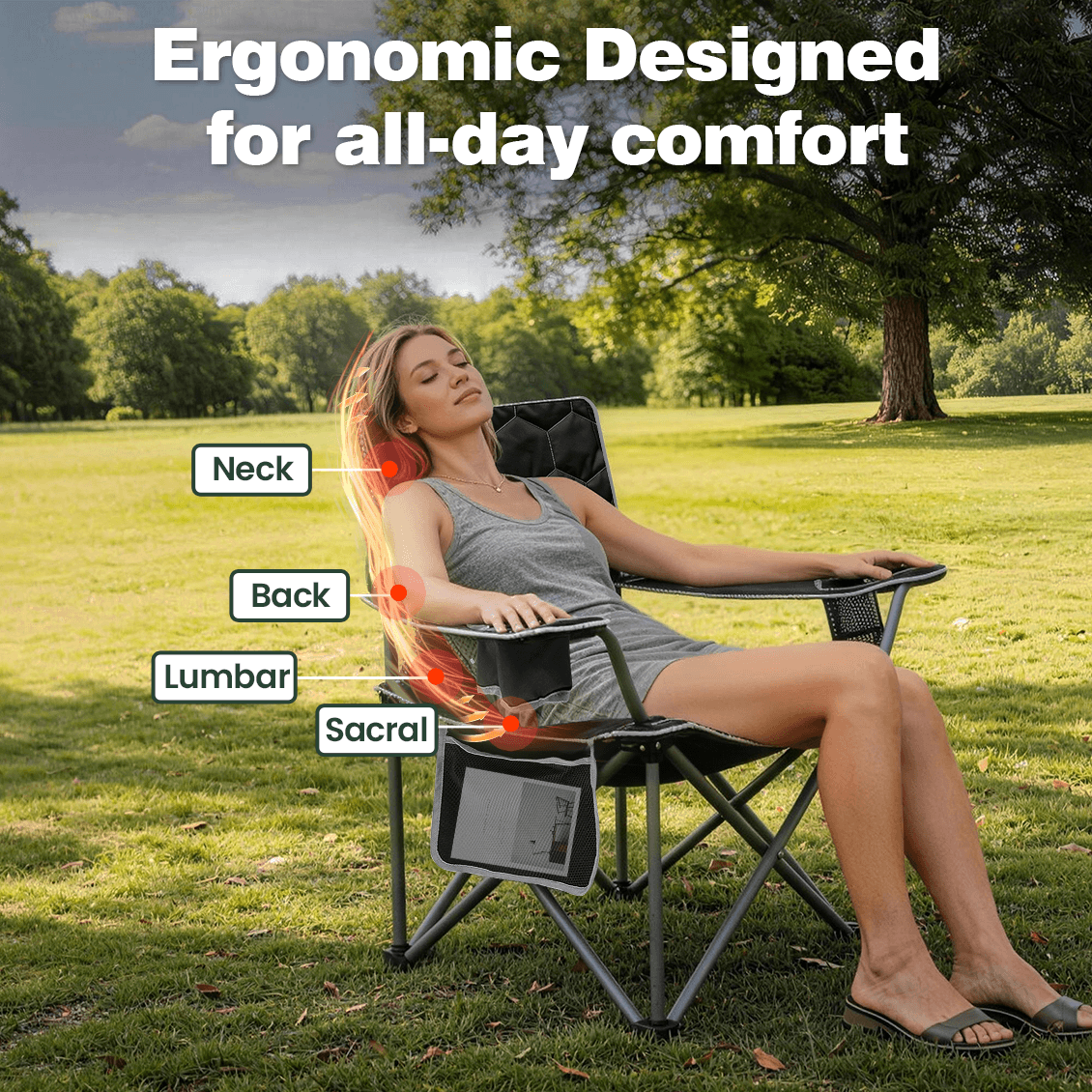 Woman sitting in a camping chair with ergonomic design labeled, outdoors.