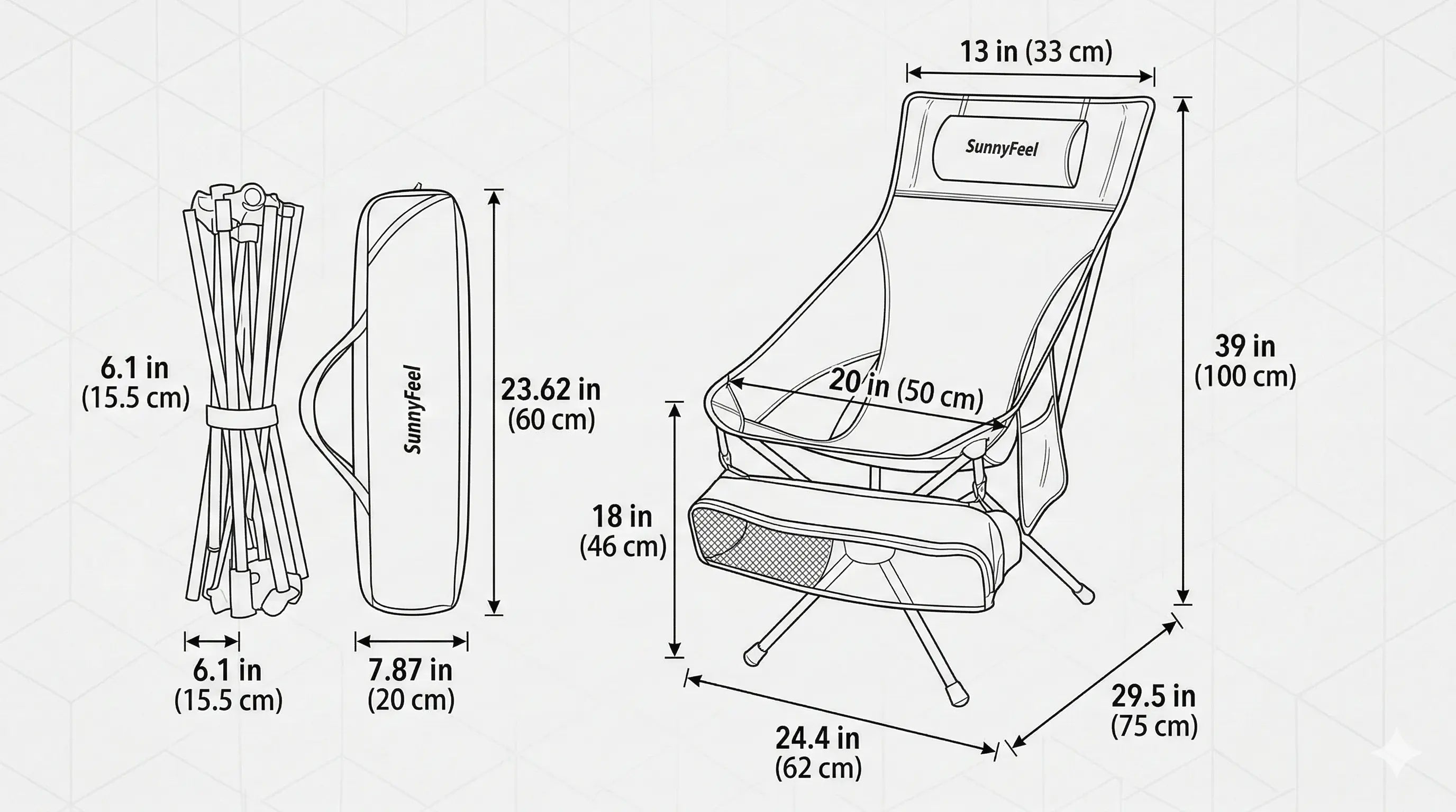 Measurement chart of a camping chair with dimensions labeled