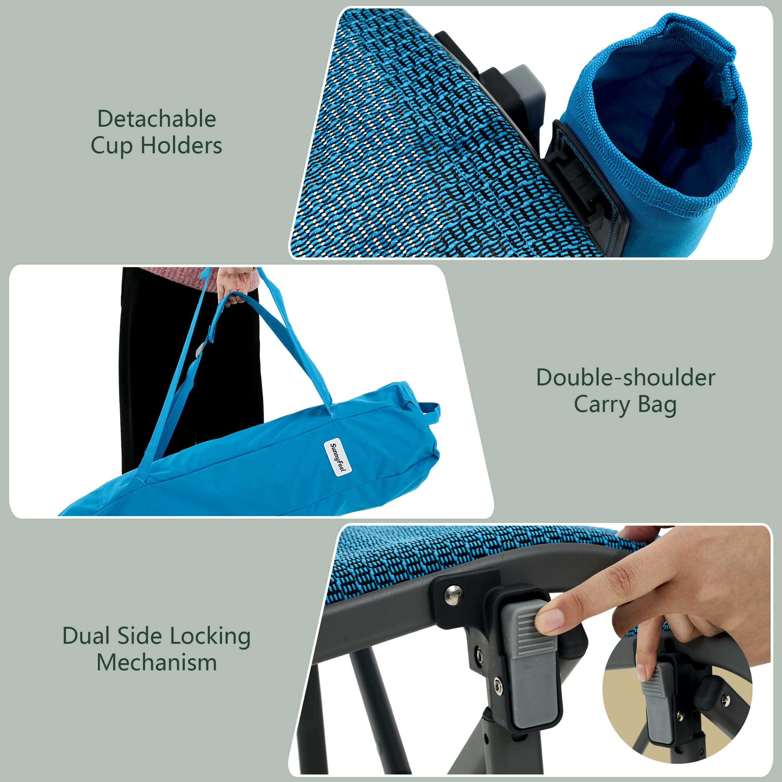 Blue chair with detachable cup holders, double-shoulder carry bag, and dual side locking mechanism on a gray background.