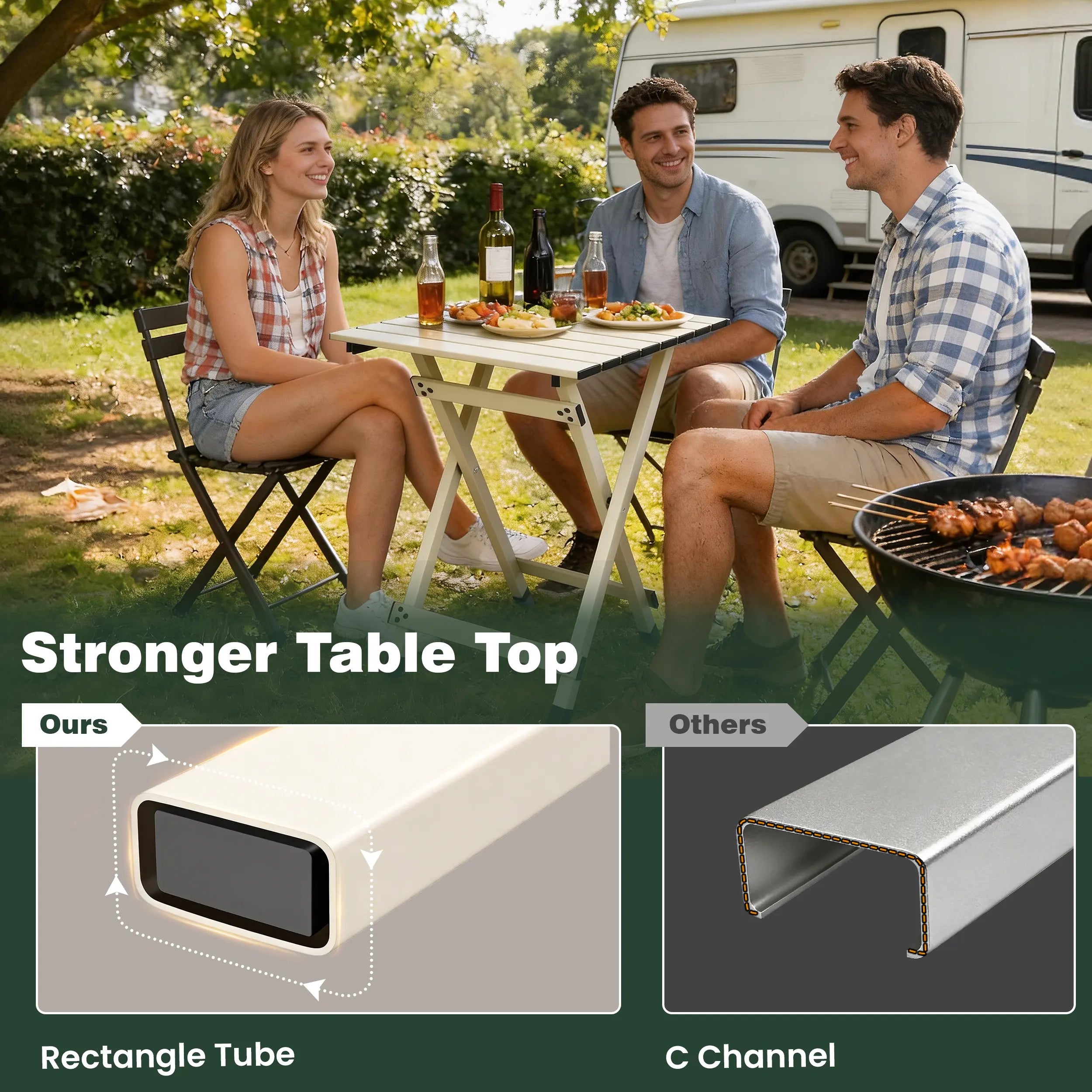 People sitting around a table outdoors with a comparison of table top designs.