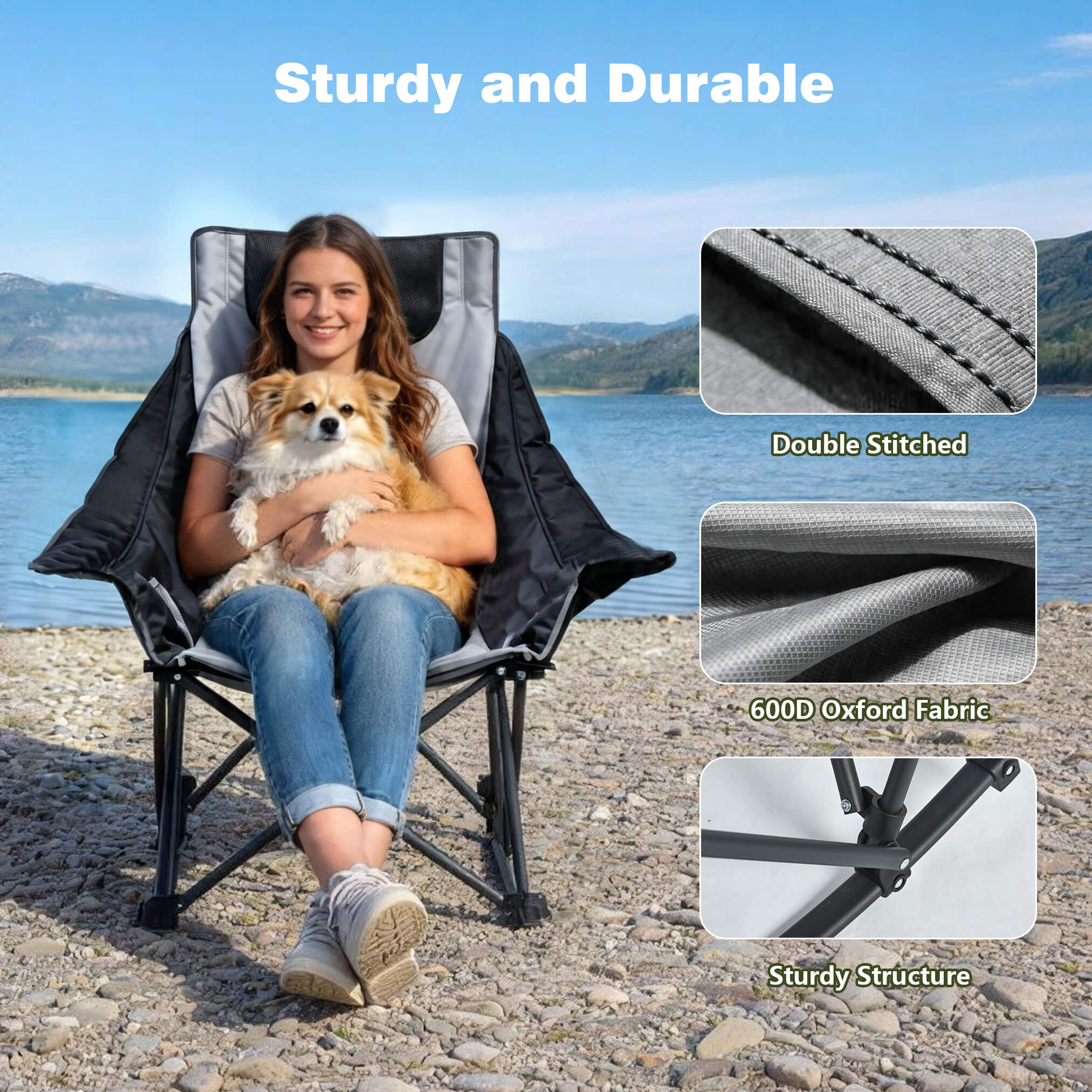 Person sitting on a durable outdoor chair with a dog, surrounded by scenic mountains and water.