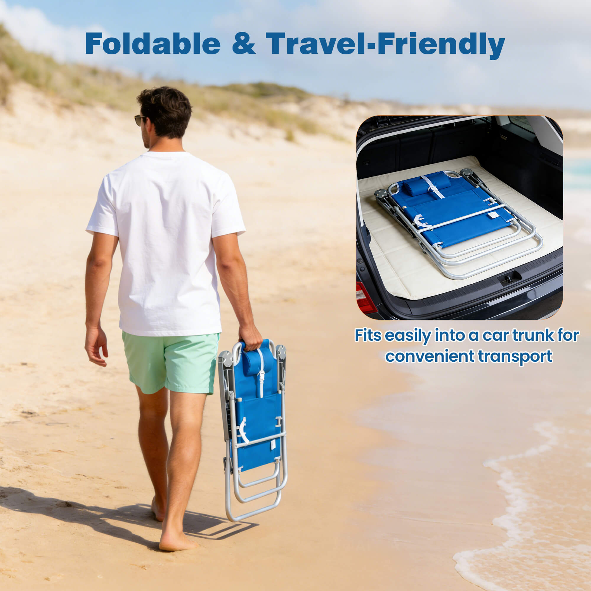 Man walking on a beach with a blue foldable chair, inset showing it in a car trunk.