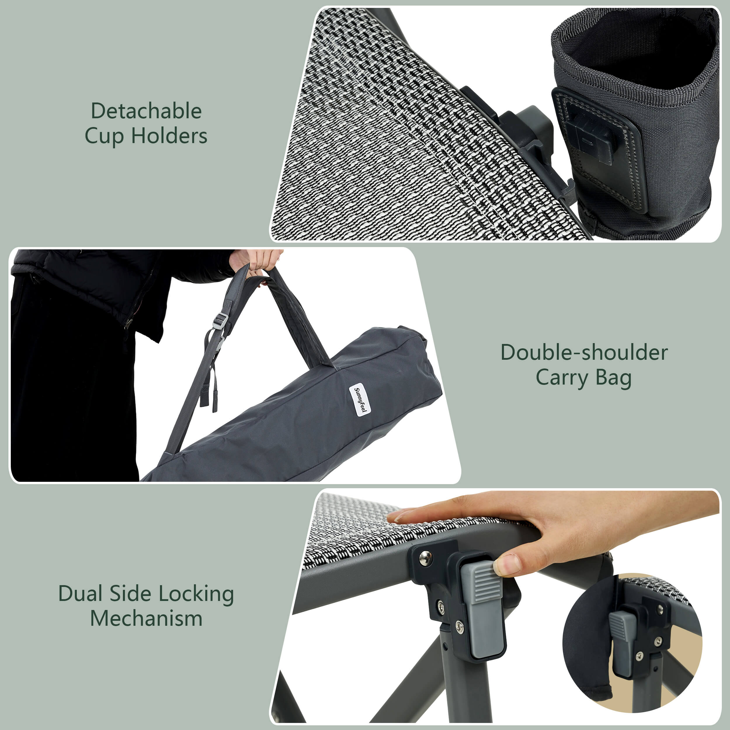 Collage of features including detachable cup holders, double-shoulder carry bag, and dual side locking mechanism on a gray background.