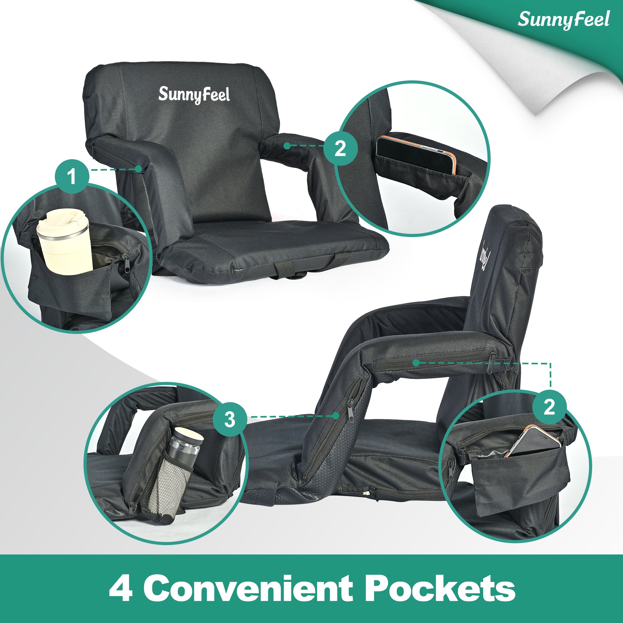 SUNNYFEEL Padded Stadium Seat with Back Support & Storage Pockets