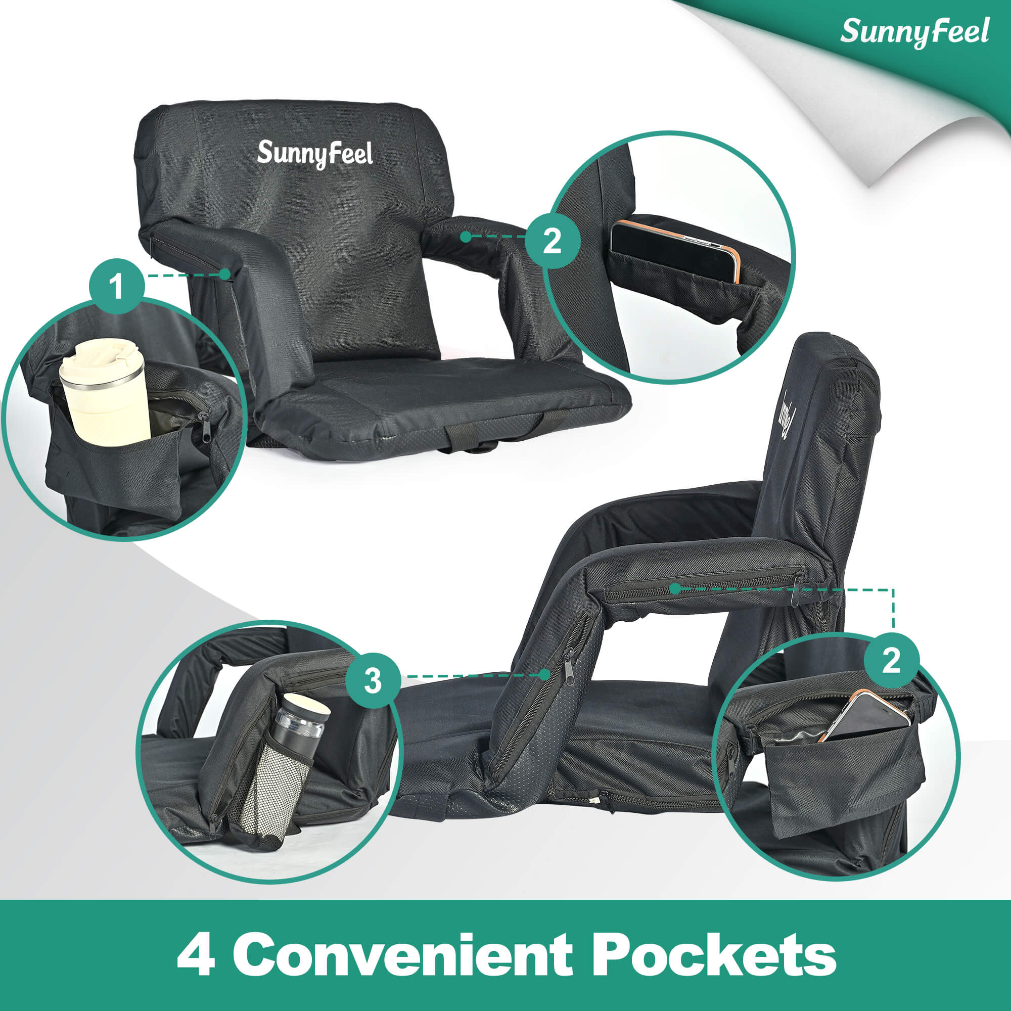 Black seat cover with 4 convenient pockets on a white background, featuring the SunnyFeel brand.