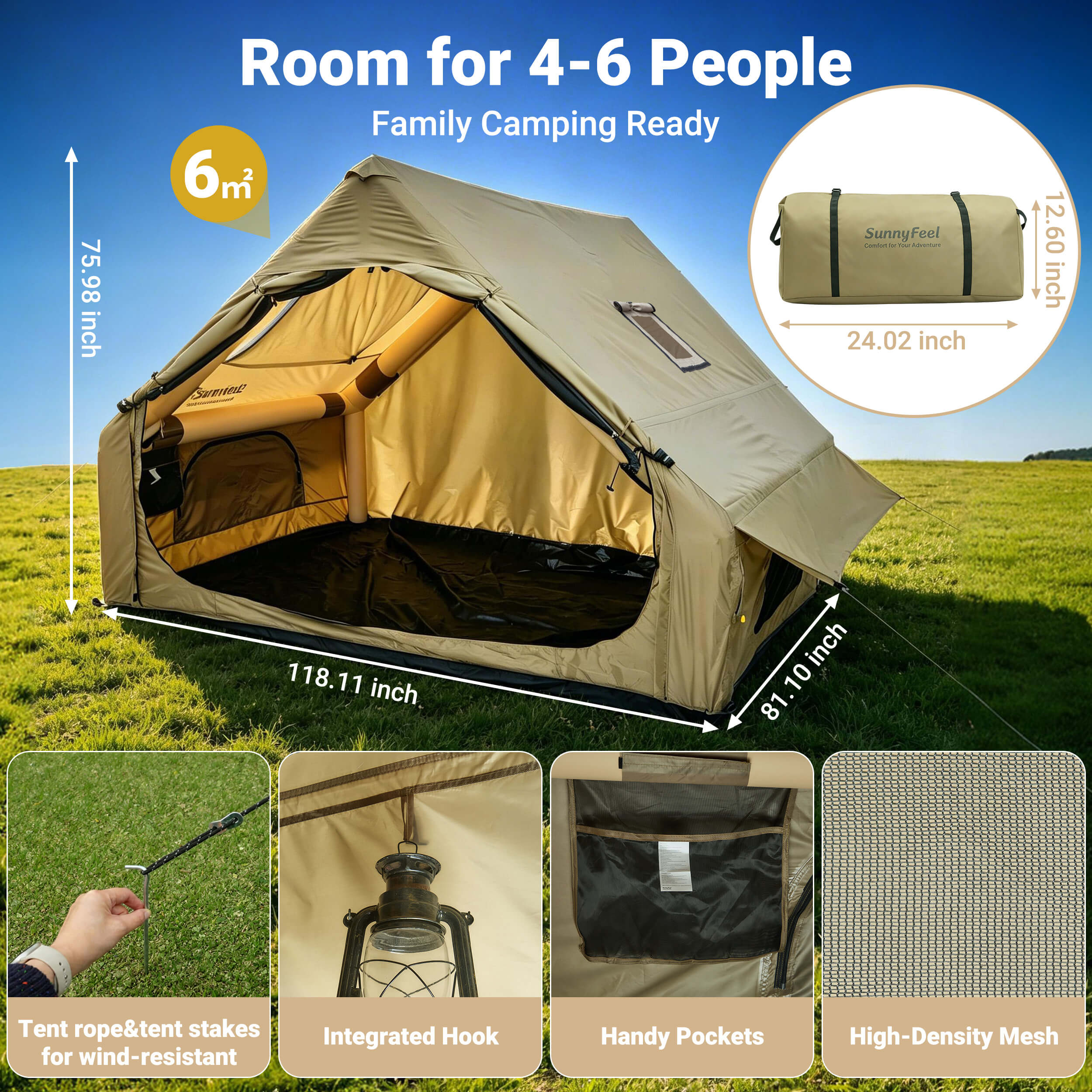 Beige camping tent with measurements and features on a grassy field background