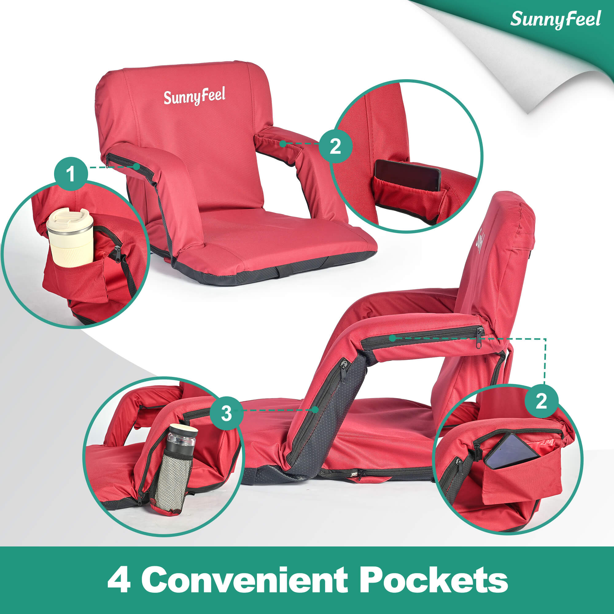 Red SunnyFeel chair with 4 convenient pockets on a white background