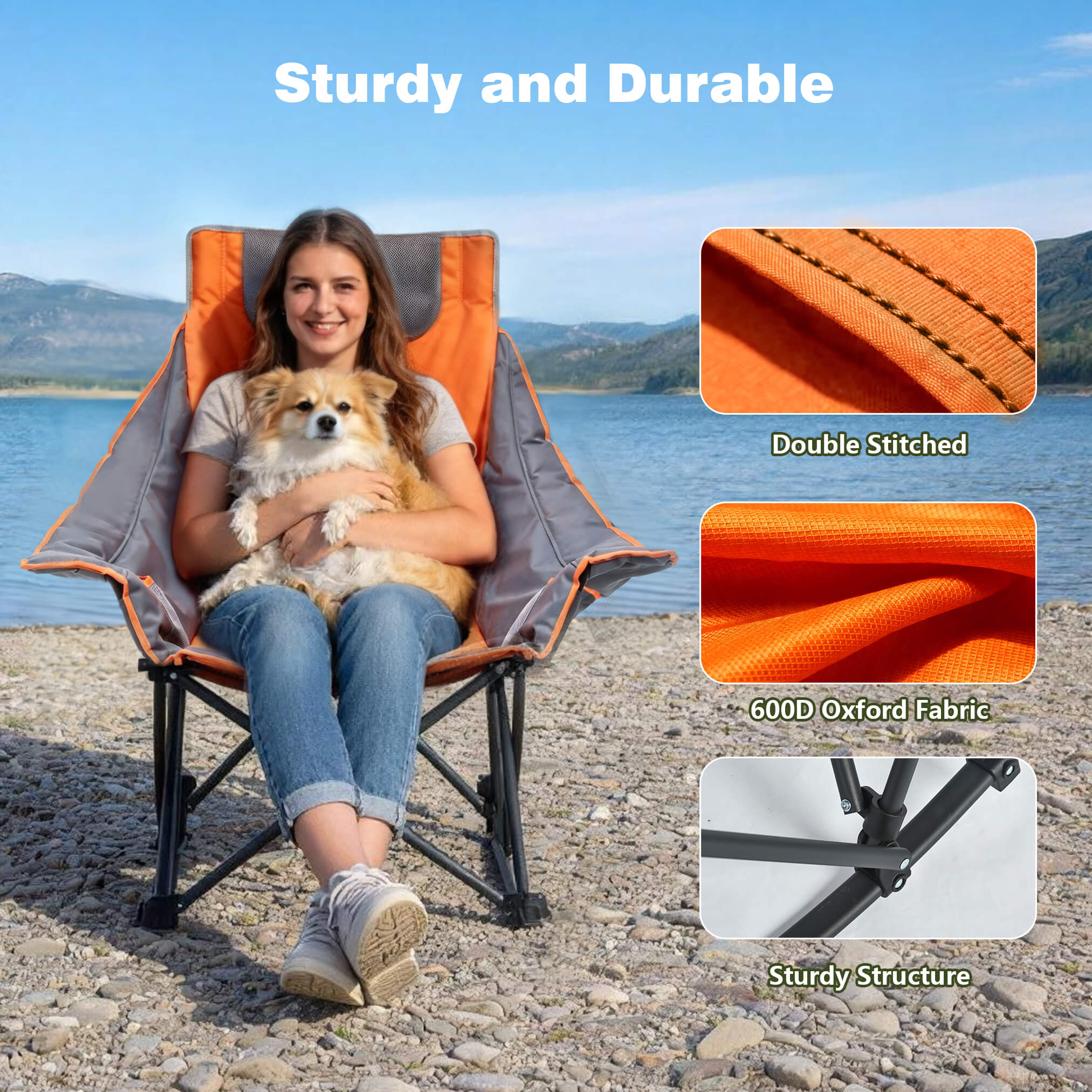 Woman sitting on a camping chair with a dog by a lake, with text highlighting the chair's features.