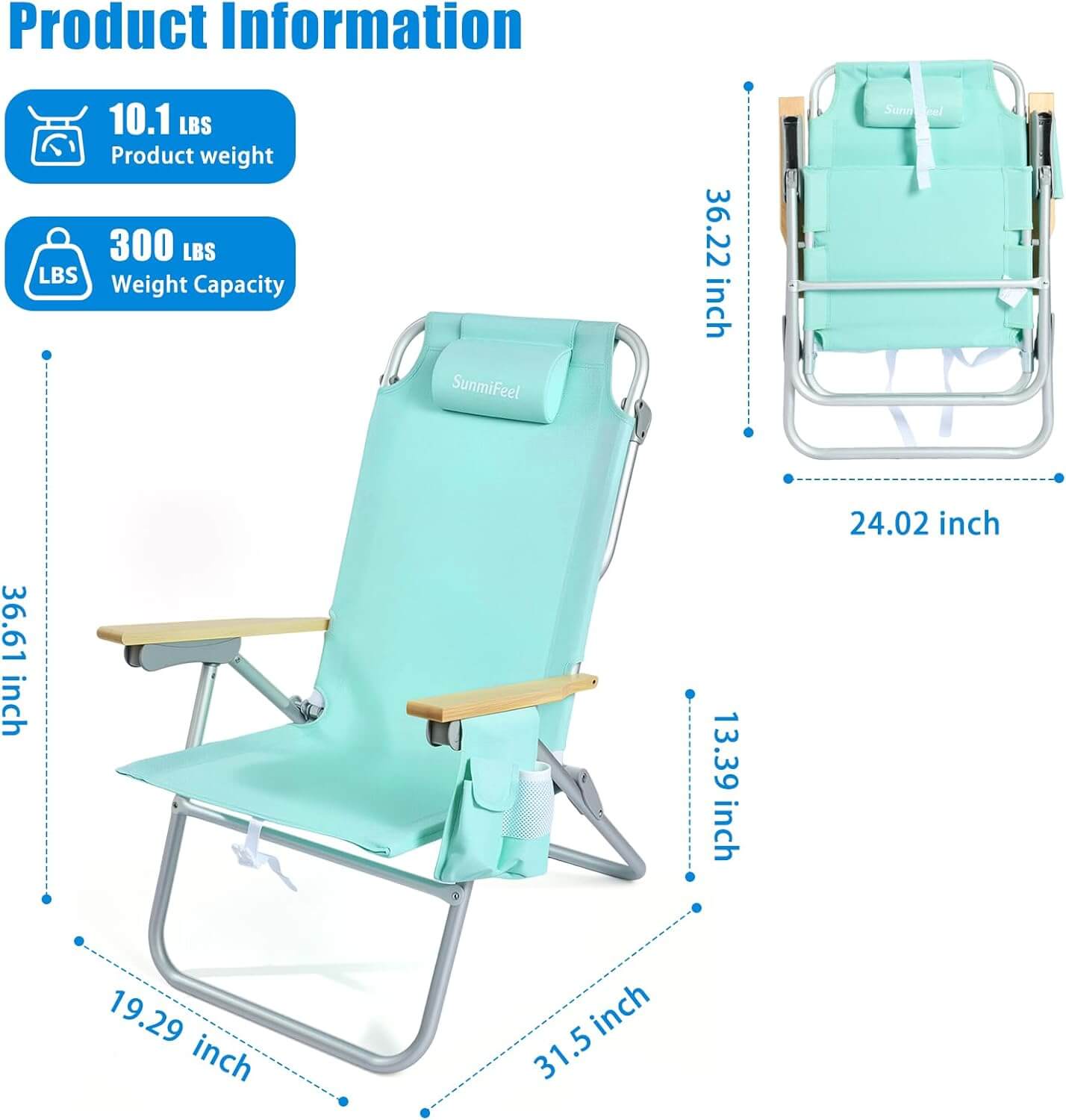 Teal beach chair with dimensions and weight capacity displayed