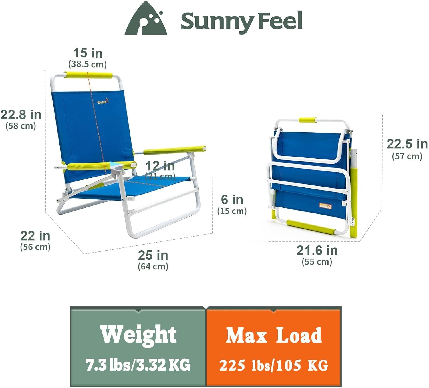 Measurement chart of a folding chair with dimensions and weight/load capacity details, branded 'Sunny Feel'.