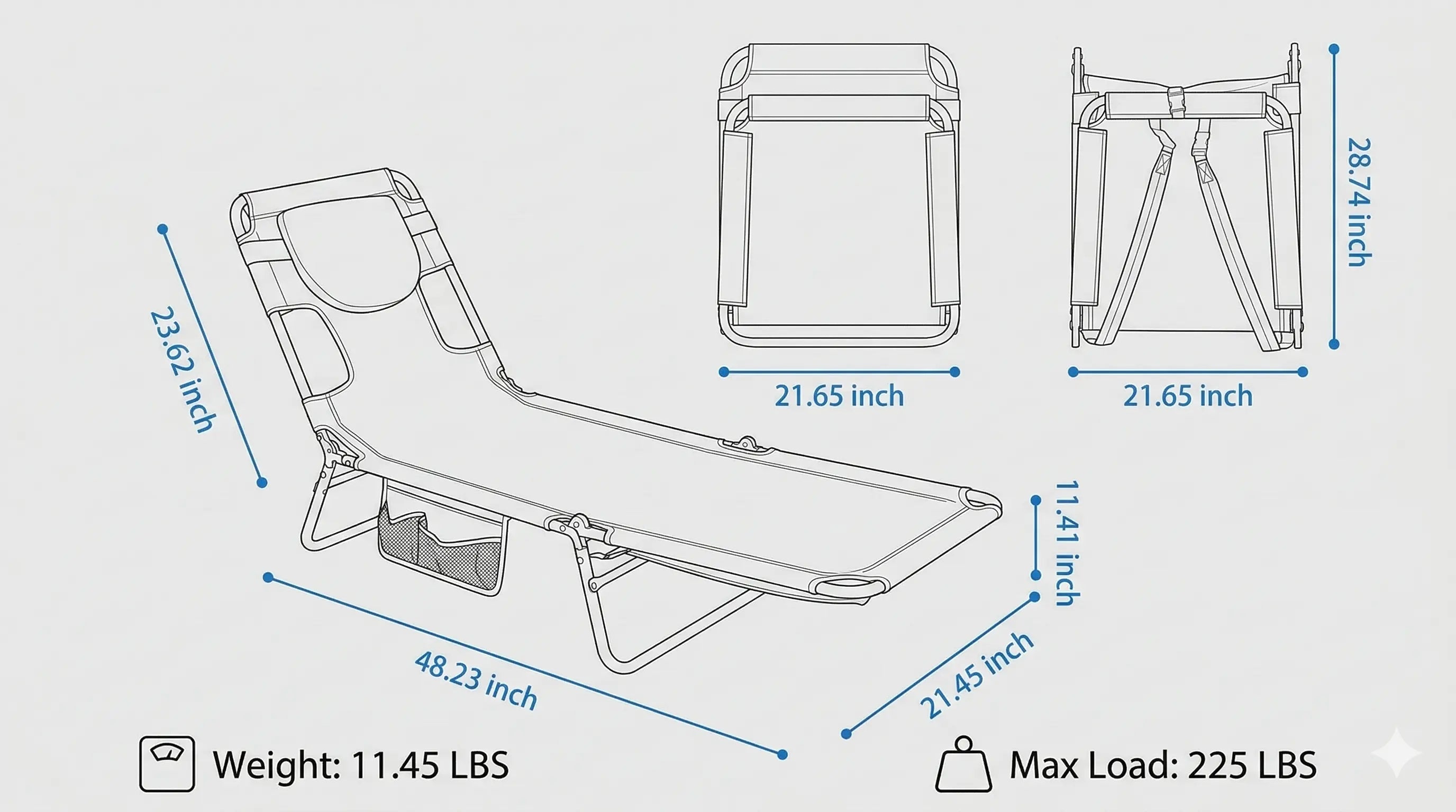 Measurement chart of a folding chair with dimensions and weight/load capacity details.