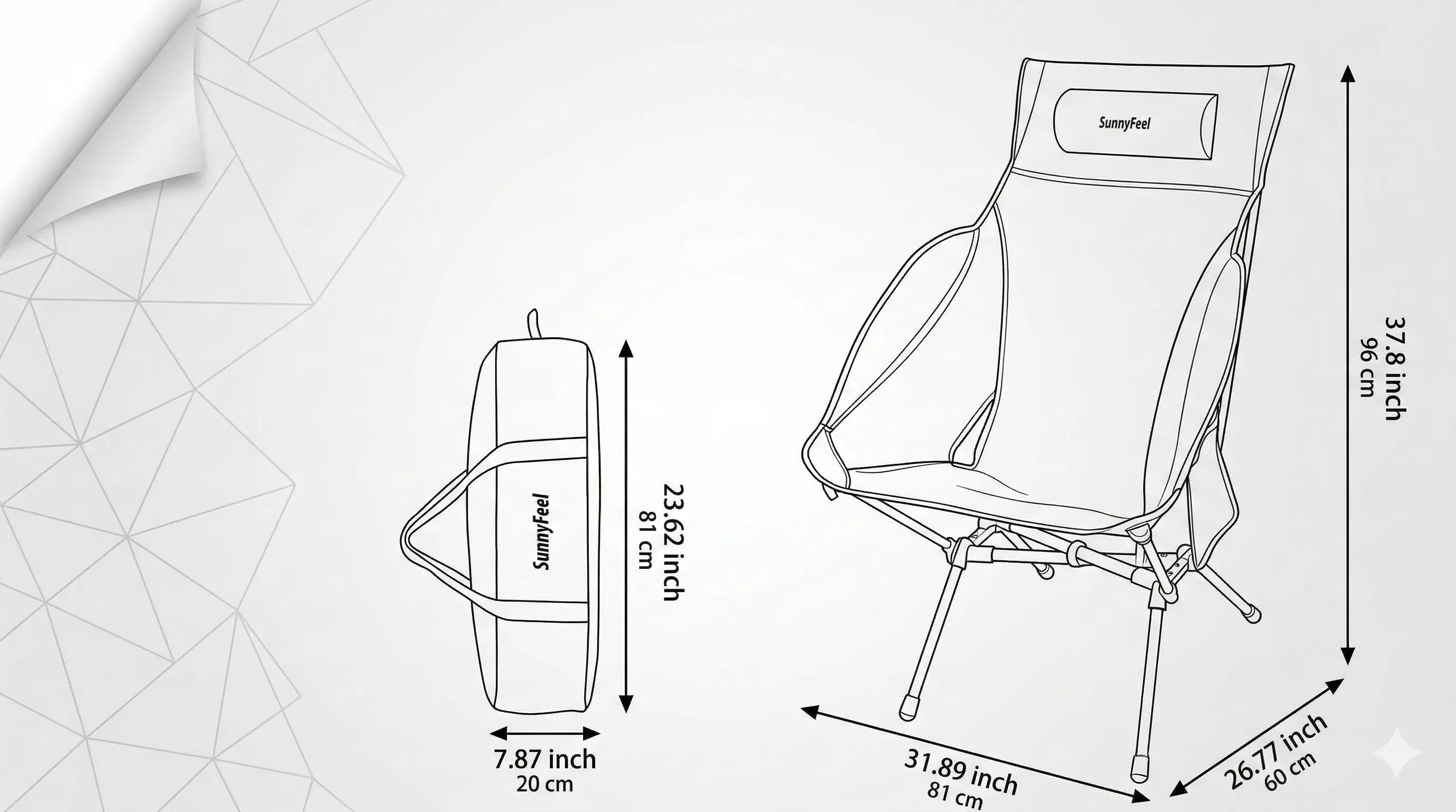 Measurement chart of a camping chair with dimensions labeled