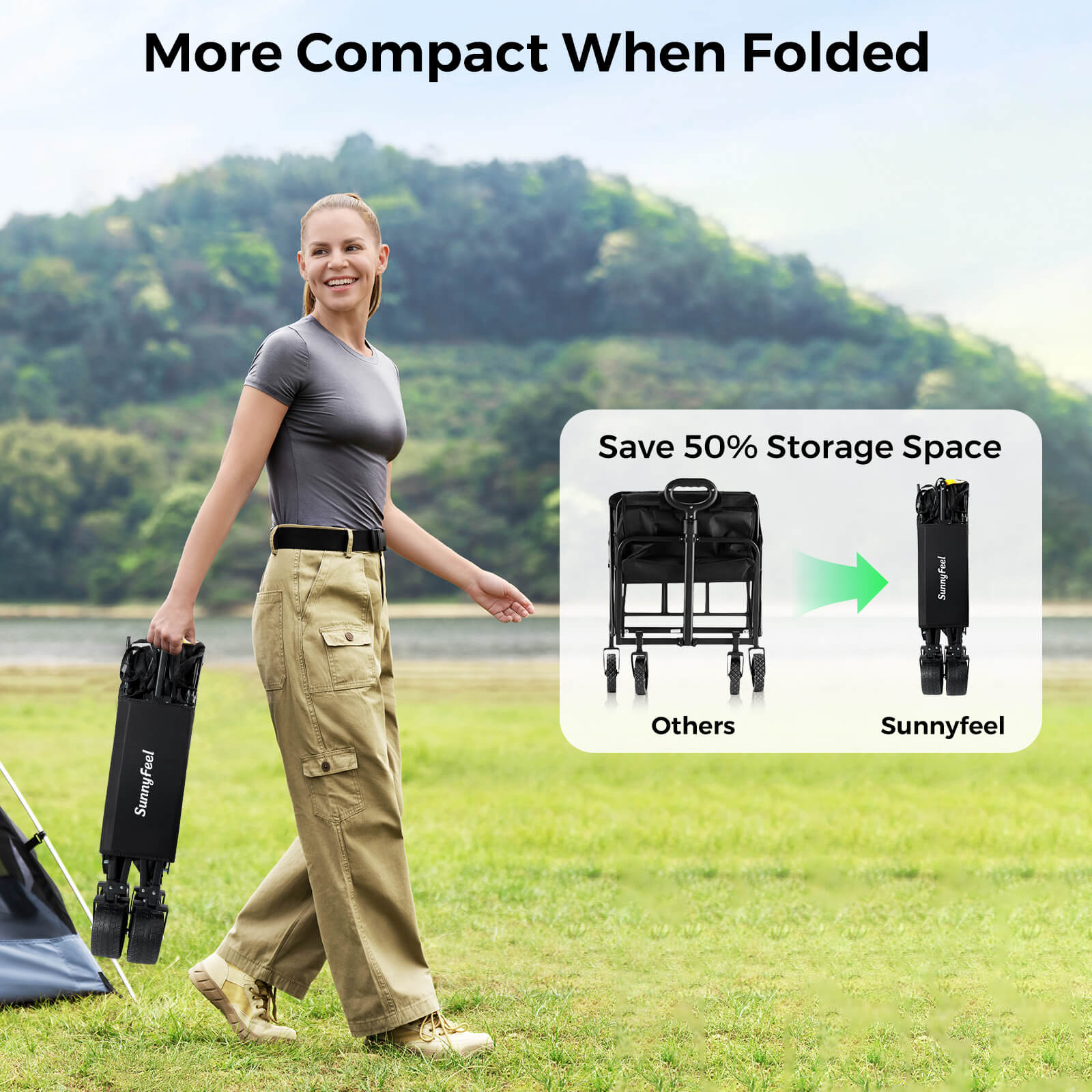 Woman carrying a folded Sunnyfeel shopping cart in a grassy field with an inset showing storage comparison.