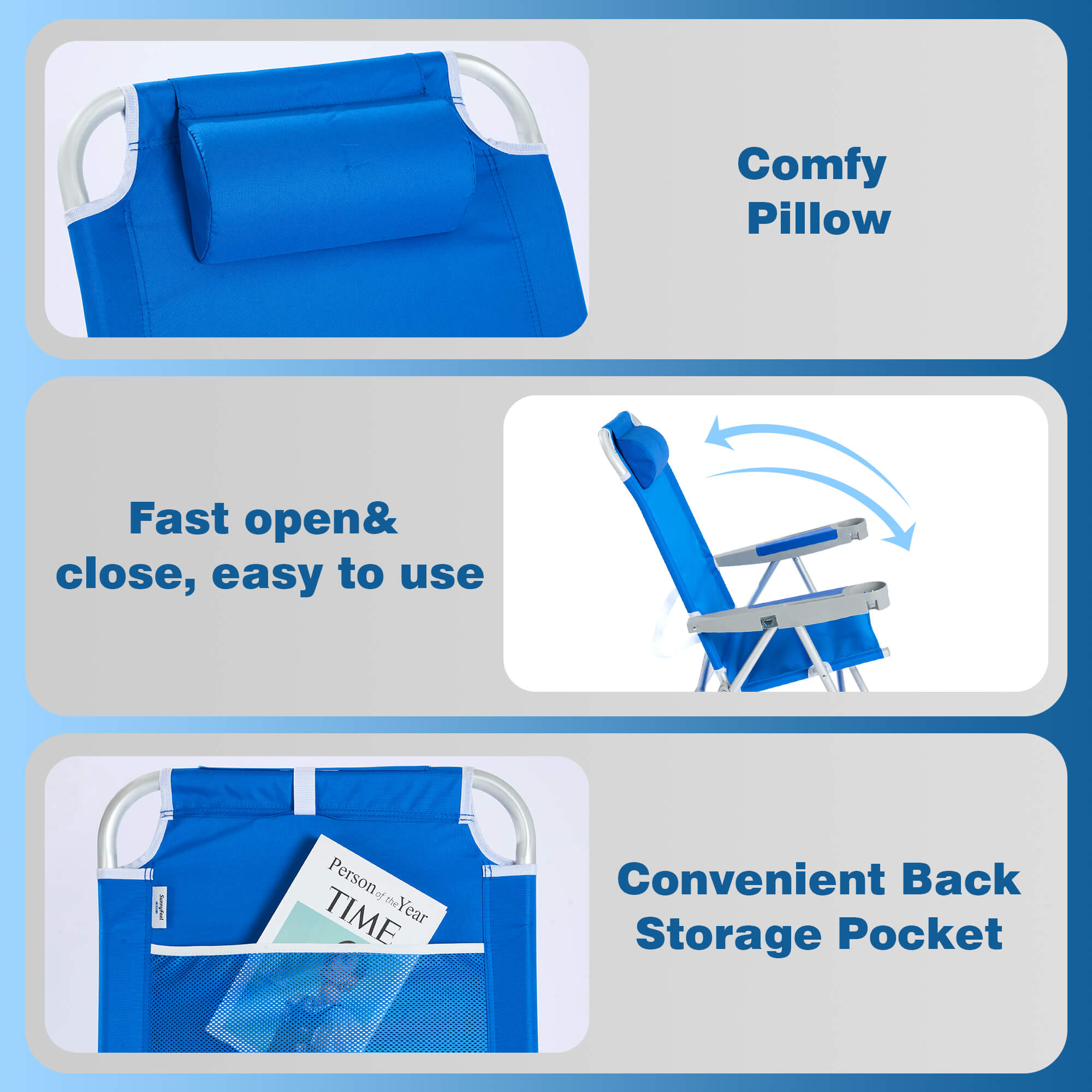 Blue portable chair with features highlighted on a light gray background