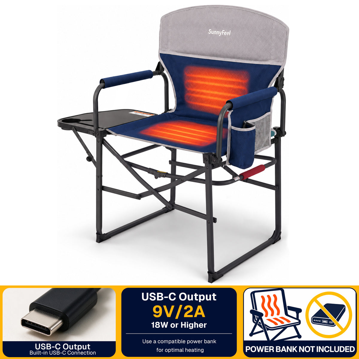 SUNNYFEEL Heating Folding Camping Director Chair with Side Table