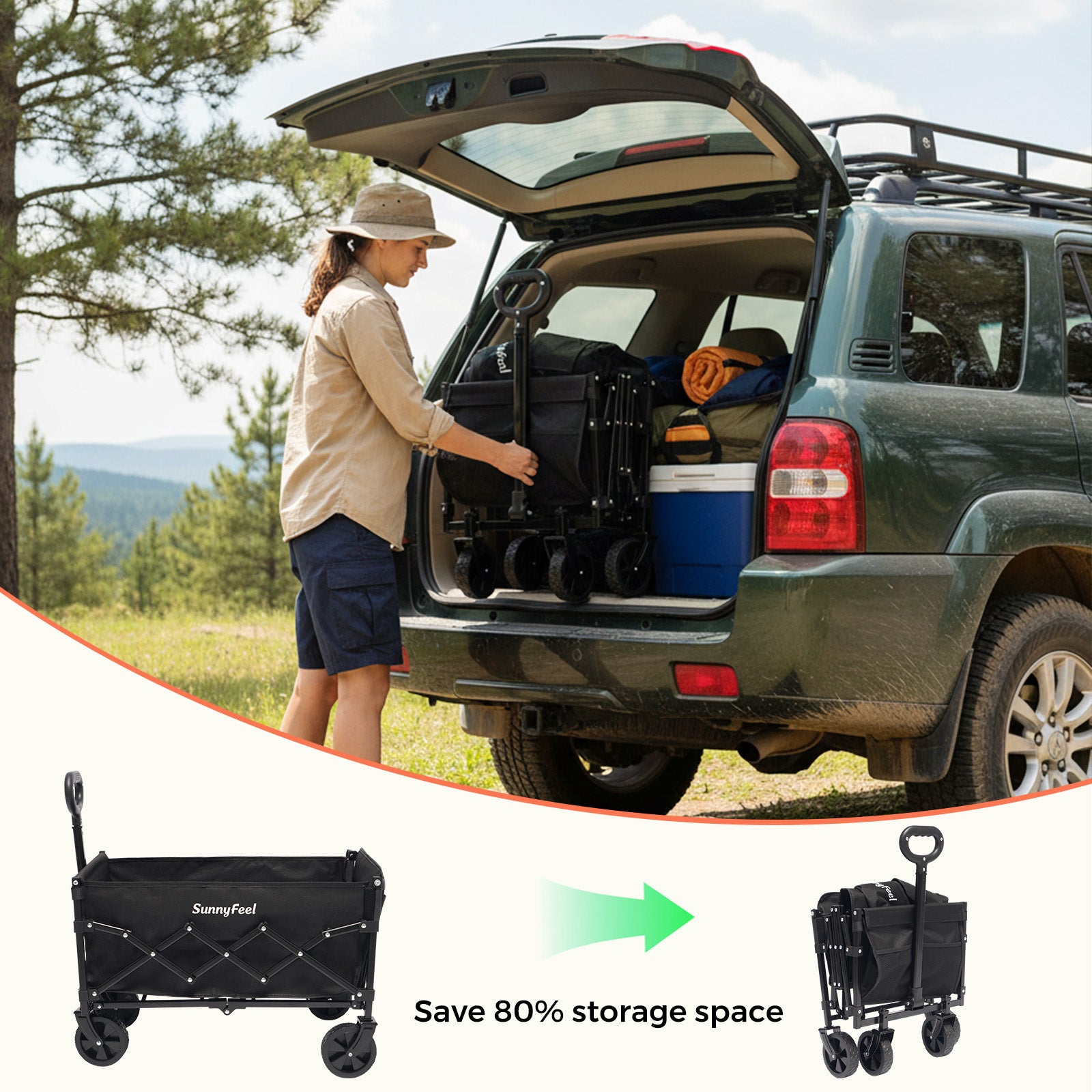 SUNNYFEEL Extra-Long 49” Foldable Utility Wagon – Heavy-Duty 550lb Collapsible Cart with Big Wheels