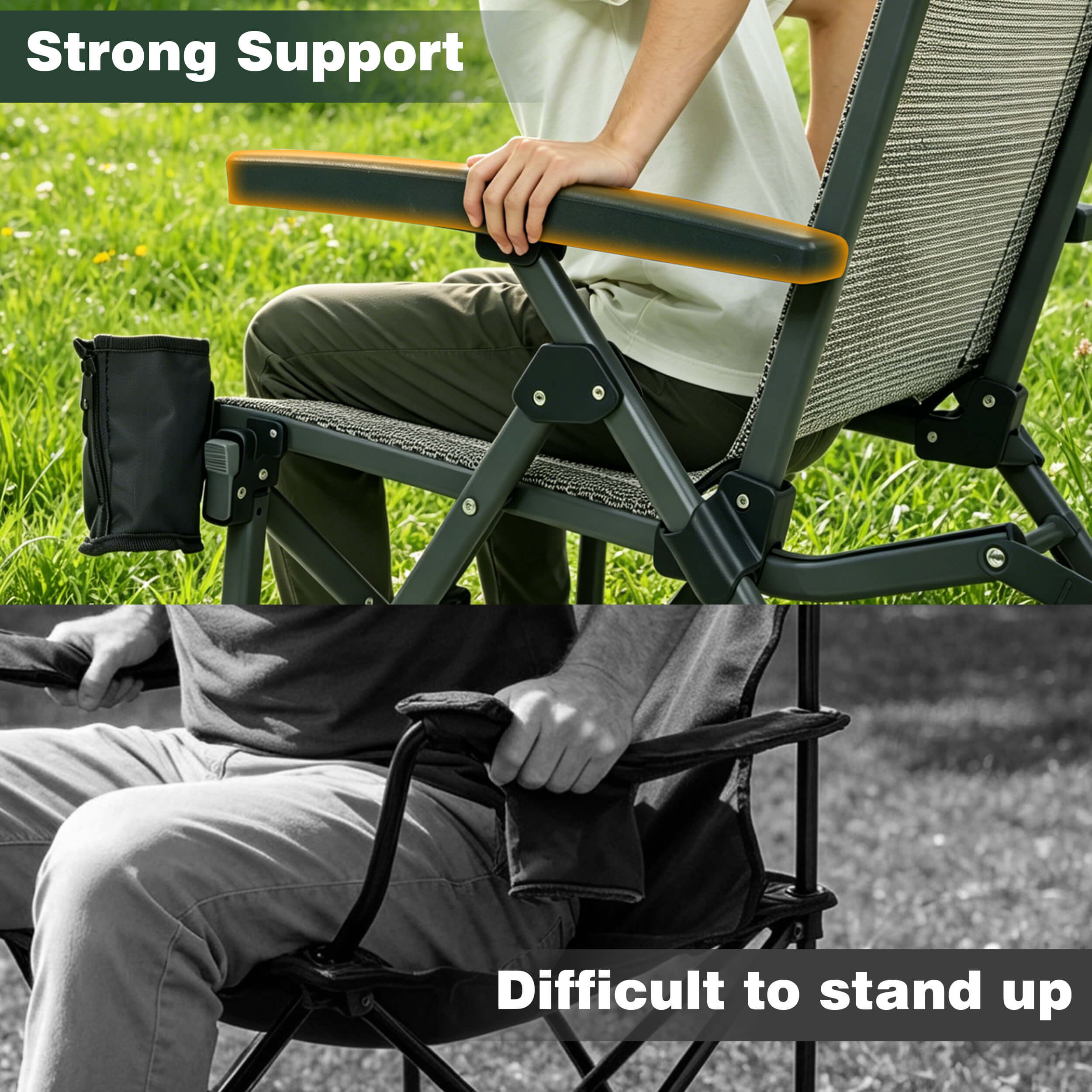 Collapsible chair with armrest being used by a person on grass, with text 'Strong Support' and 'Difficult to stand up'.