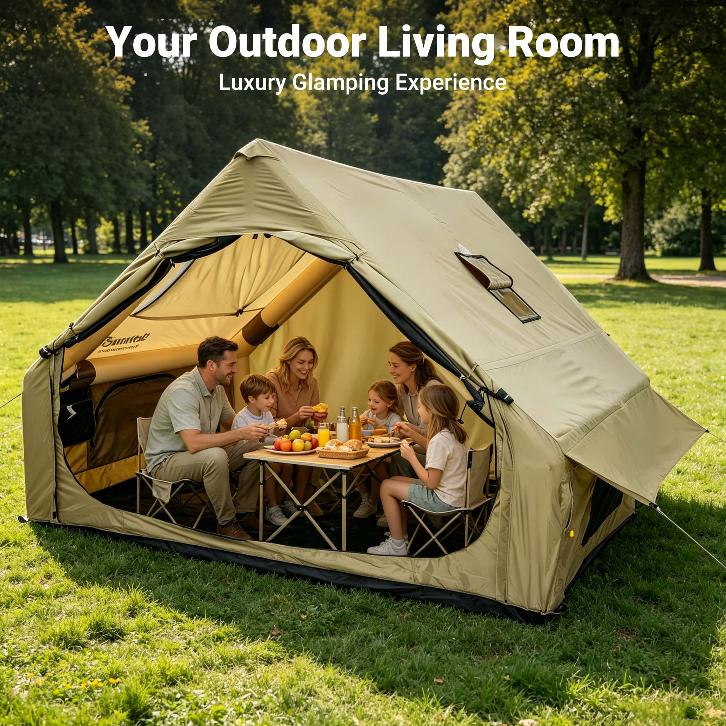 Family inside a beige tent with 'Your Outdoor Living Room' text, surrounded by greenery.