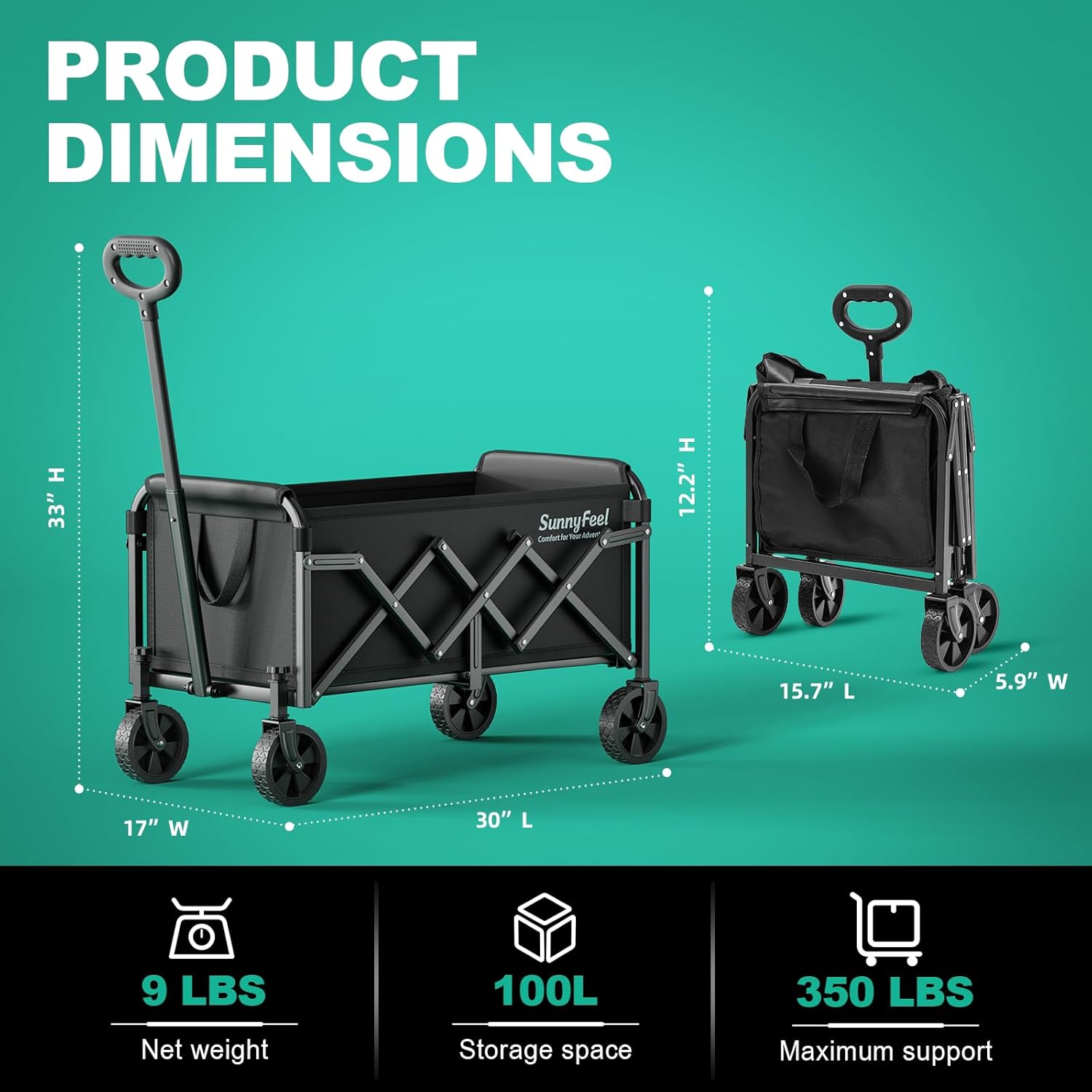 Product dimensions of a black folding wagon on a teal background