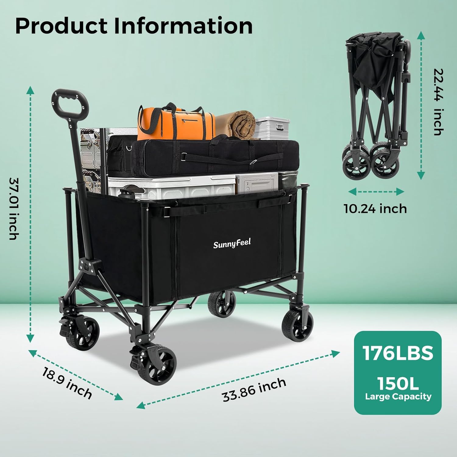 Black folding cart with product information on a light green background