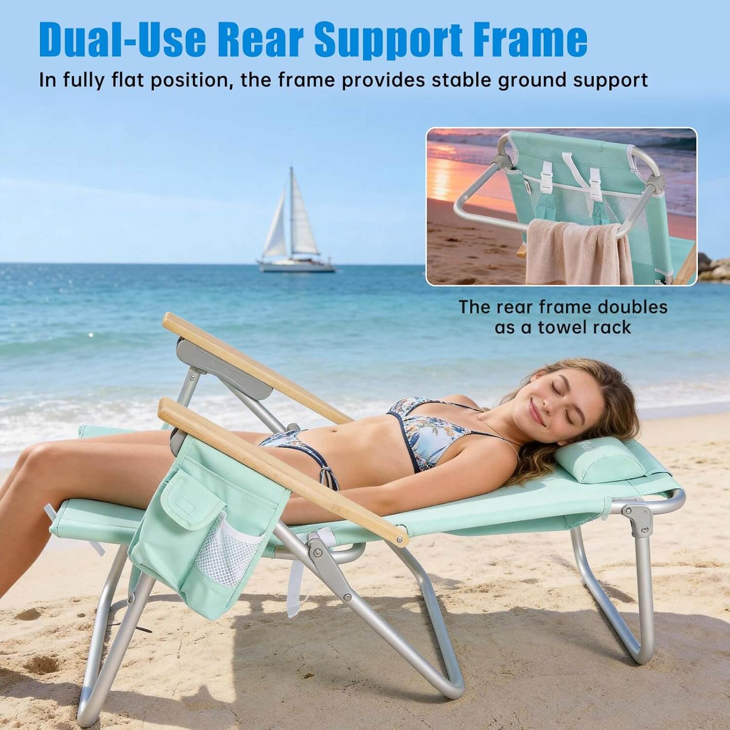 Woman lying on a beach chair with a towel rack, beach scene with sailboat in the background