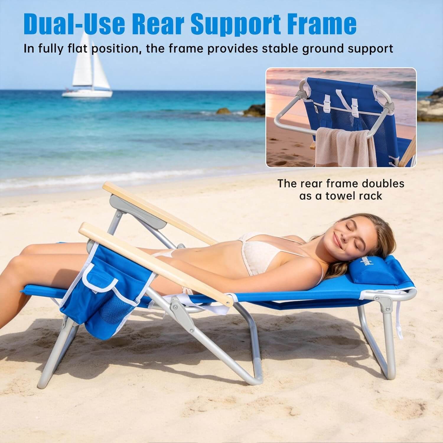 Woman lying on a beach chair with a dual-use rear support frame and towel rack, set against a beach backdrop.