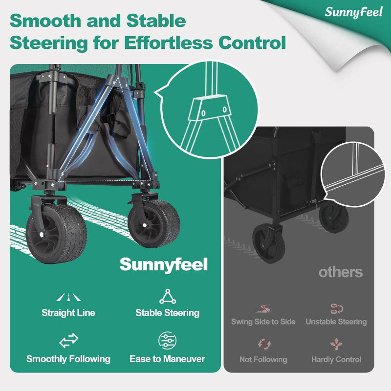 Sunnyfeel stroller with text highlighting smooth and stable steering, on a green background.