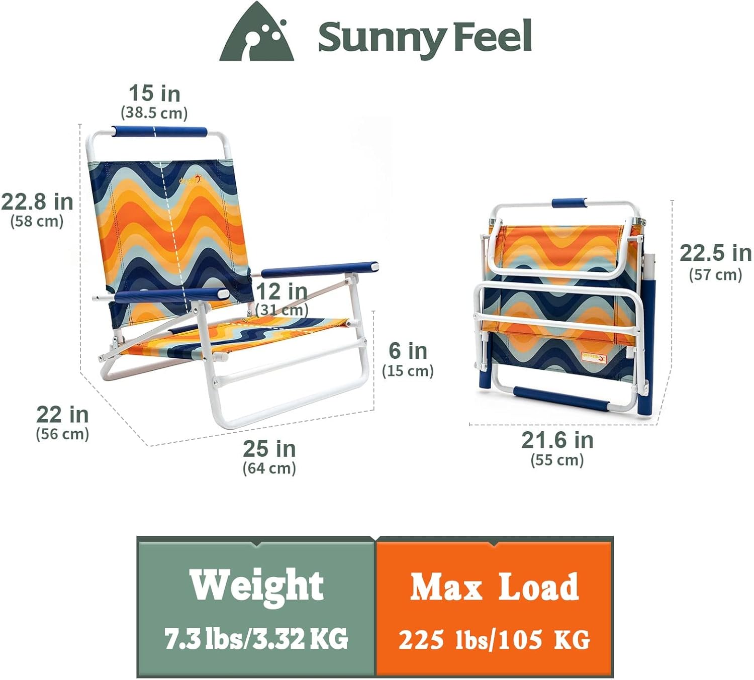 Sunny Feel beach chair with dimensions and weight/load capacity displayed.