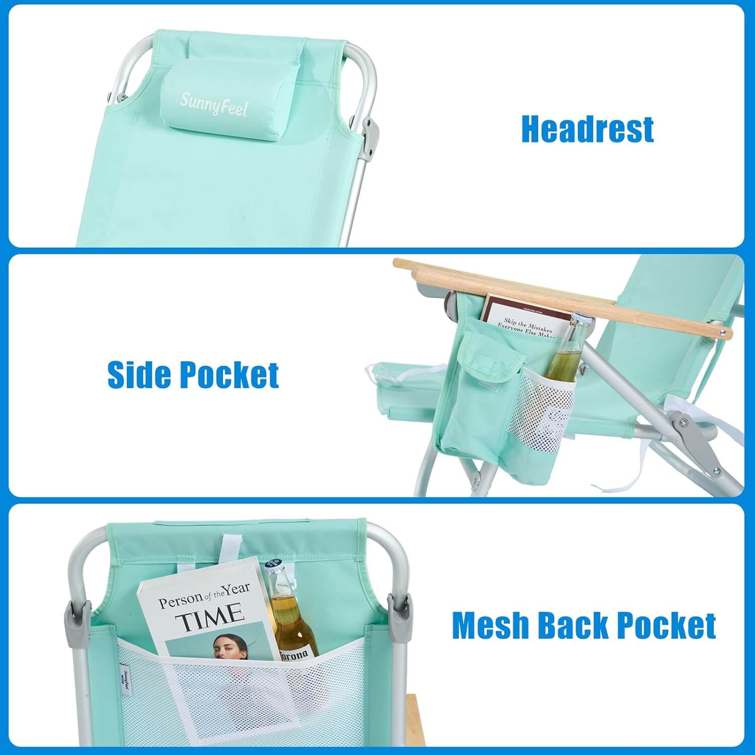 Teal camping chair with headrest, side pocket, and mesh back pocket labeled.