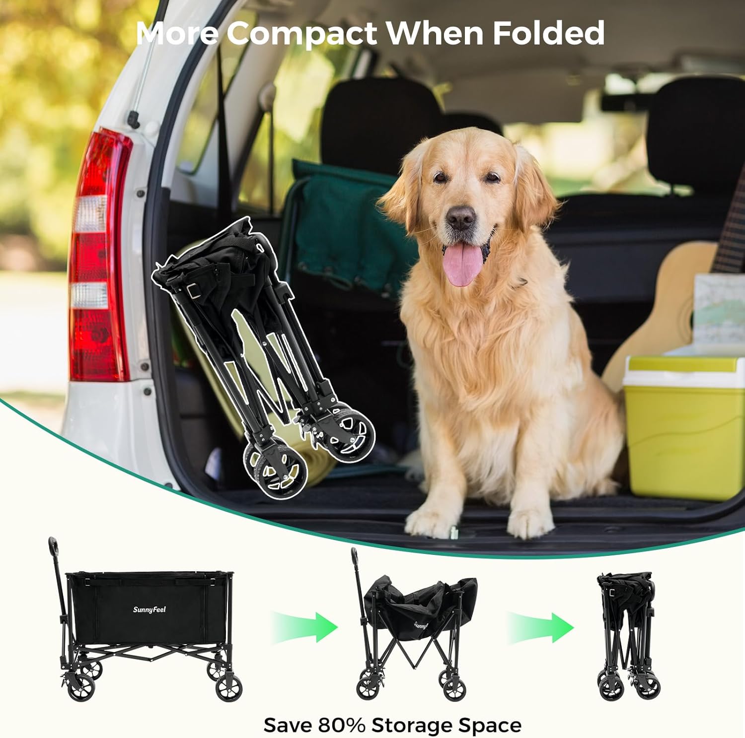 Dog sitting in a car with a folded pet stroller next to it, emphasizing compact storage.