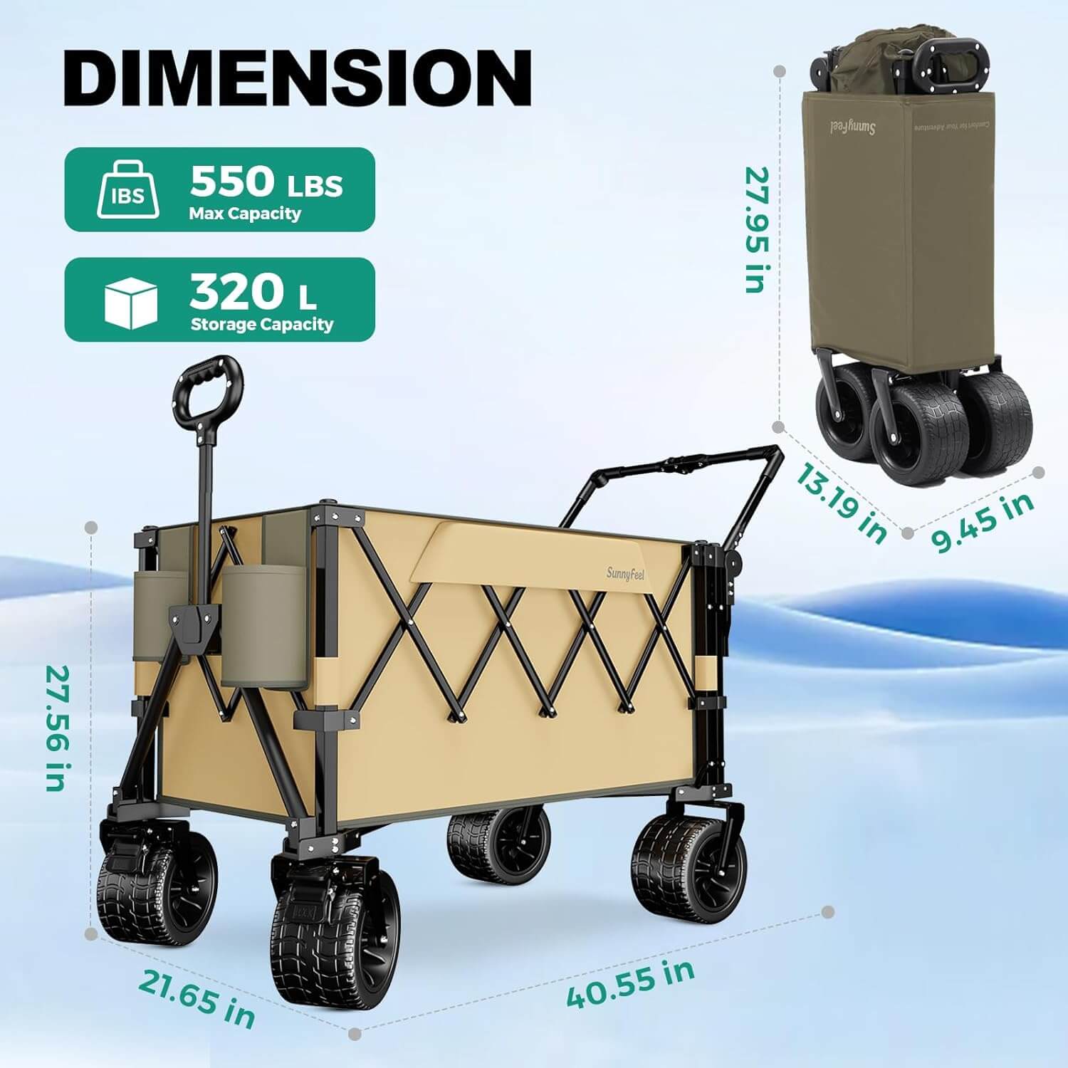 SUNNYFEEL Pro 550LB Collapsible Wagon – Heavy-Duty Folding Cart with Dual Handles, Large Wheels & Tailgate
